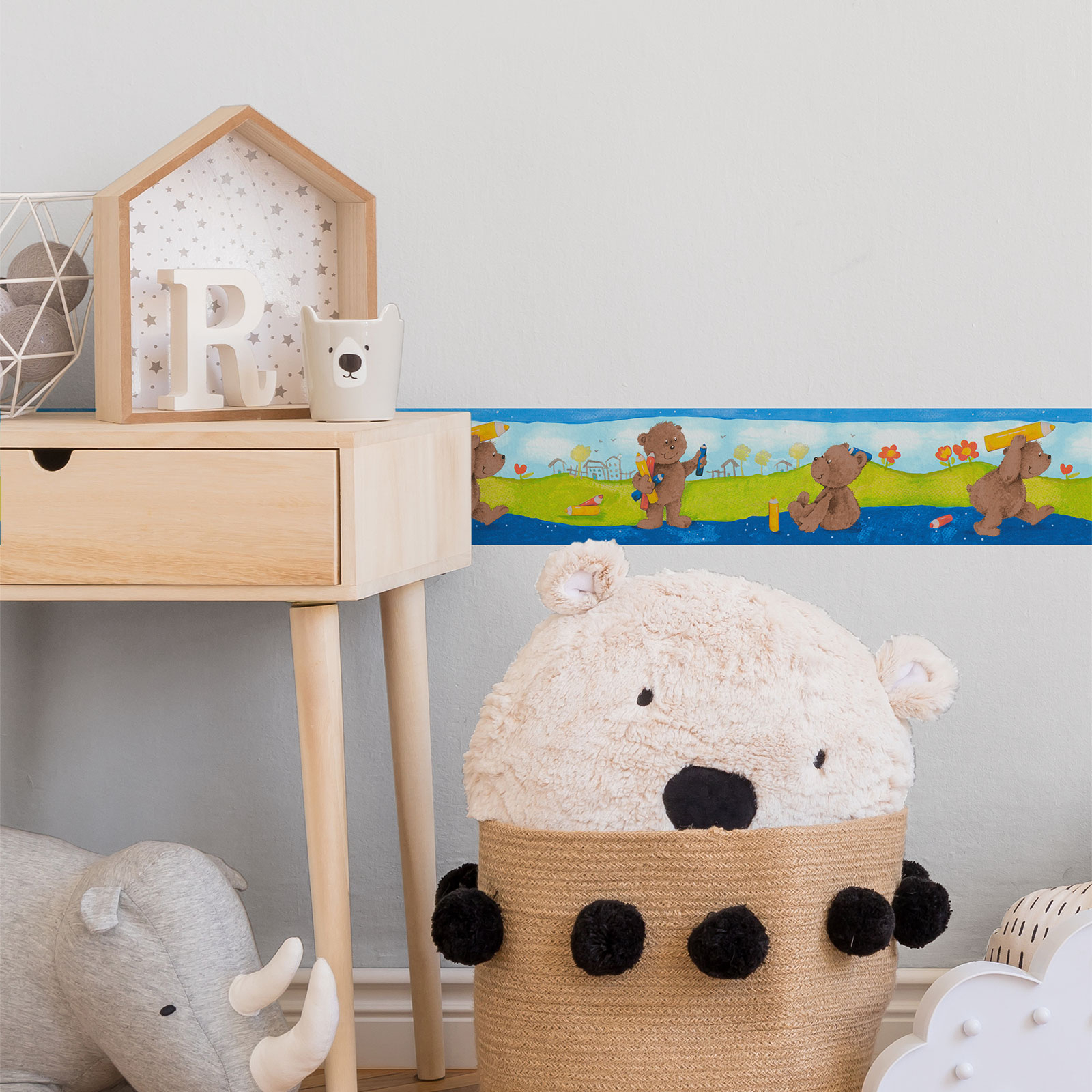 Cenefas dibujos para habitación infantil y de bebé cenefas animales azul, marrón, amarillo y naranja cenefas adhesivas decorativas
