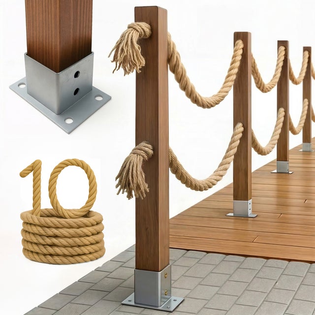 BOGATECO Clôture Nautique 10m - Garde-corps de Jardin Double Corde Jute - Kit de Montage avec Poteaux Imprégnés - Marron Foncé