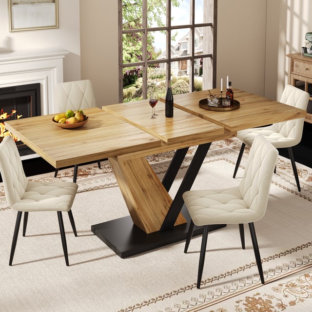 Mesa de comedor extensible para 4 a 6 personas - 120/160 x 75 x 75,5 cm - para cocina y comedor - MDF y metal - Natural