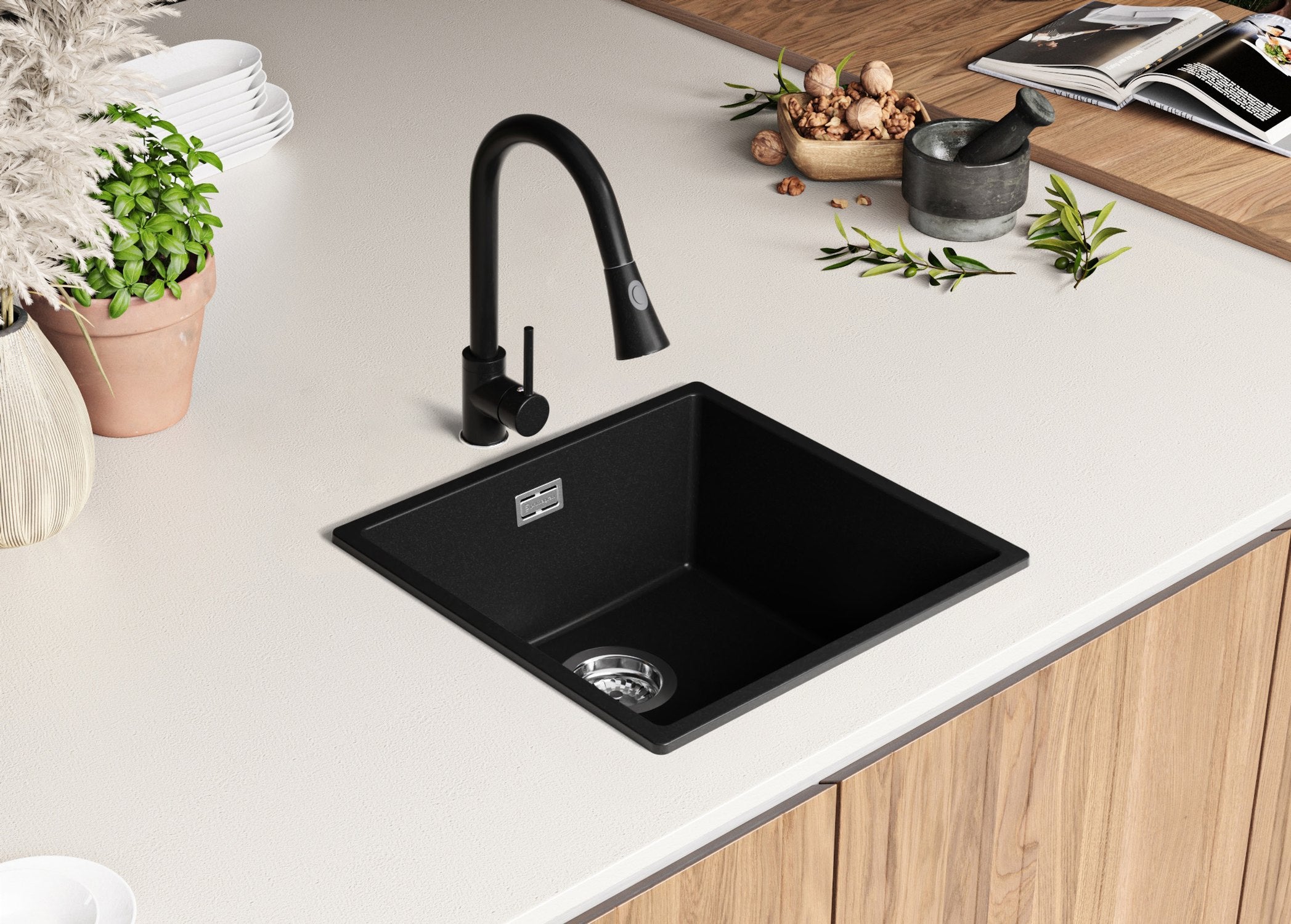 Evier Cuisine en Granit Noir 46x47cm, Lavabo 1 bac + Kit de Vidage, Évier à Encastrer au meuble 50cm - London Slim PRIMAGRAN - 8