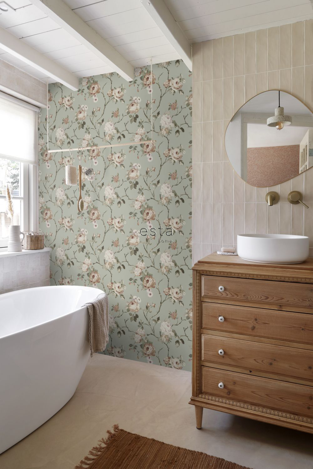 Papel de parede flores vintage verde menta acinzentadoerosa suave - 53 cm x 10.05 m - ESTAhome - 5