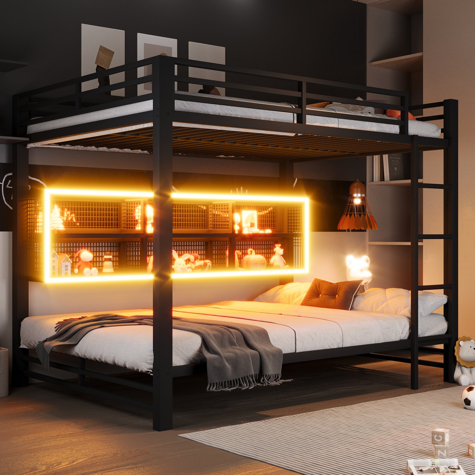 Łóżka piętrowe 2 x 140 x 200 cm z 6 przegrodami i drabinką - Metalowe - Diody LED - Czarne (Materace nie są dołączone)