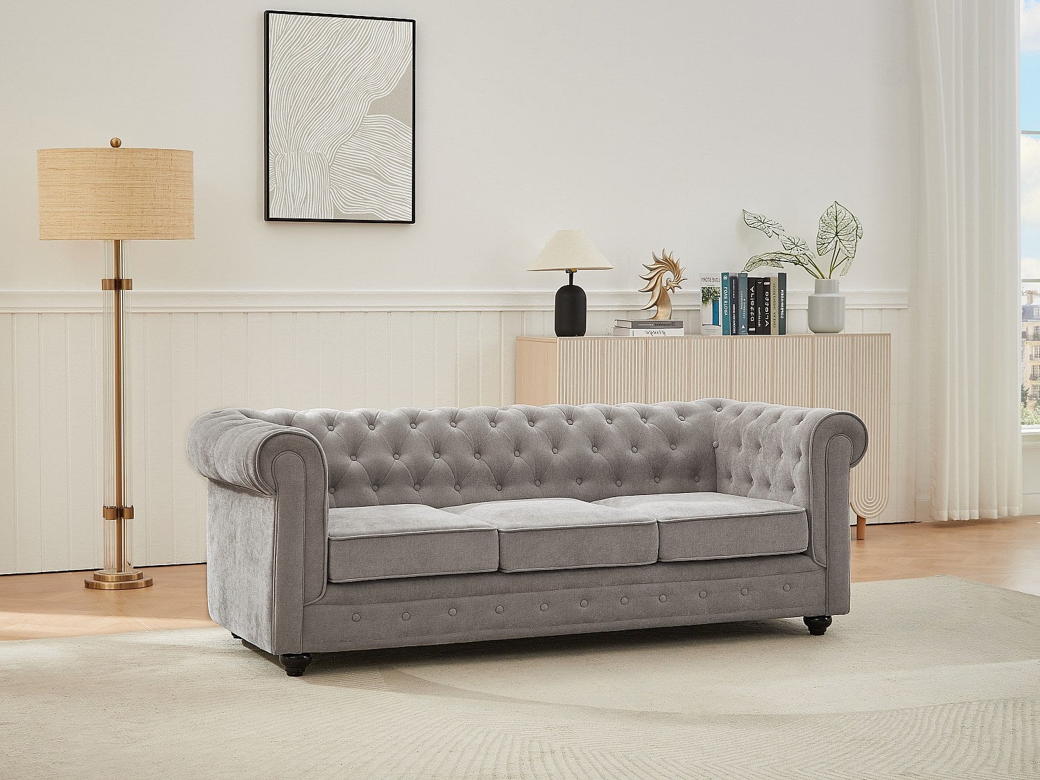 Kanapa 3-osobowa szara z tkaniny CHESTERFIELD
