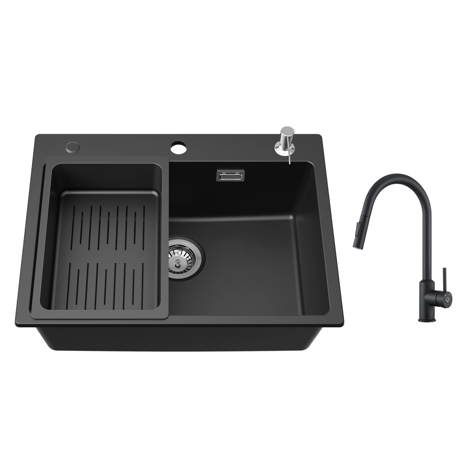 Cecipa max fregadero de cuarzo 60*45cm, con escurridor y dispensador de jabón gratis + grifo de cocina monomando con ducha extraíble negro