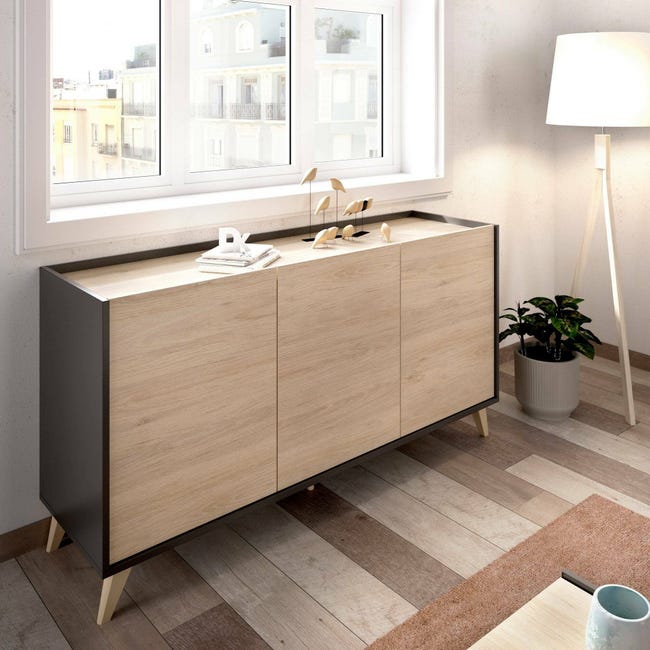 Credenza Thornton Dmora - Armadio Salotto 144x42x87 Cm, In Rovere E Bianco, 3 Ante, Mobile Moderno - Foto 1
