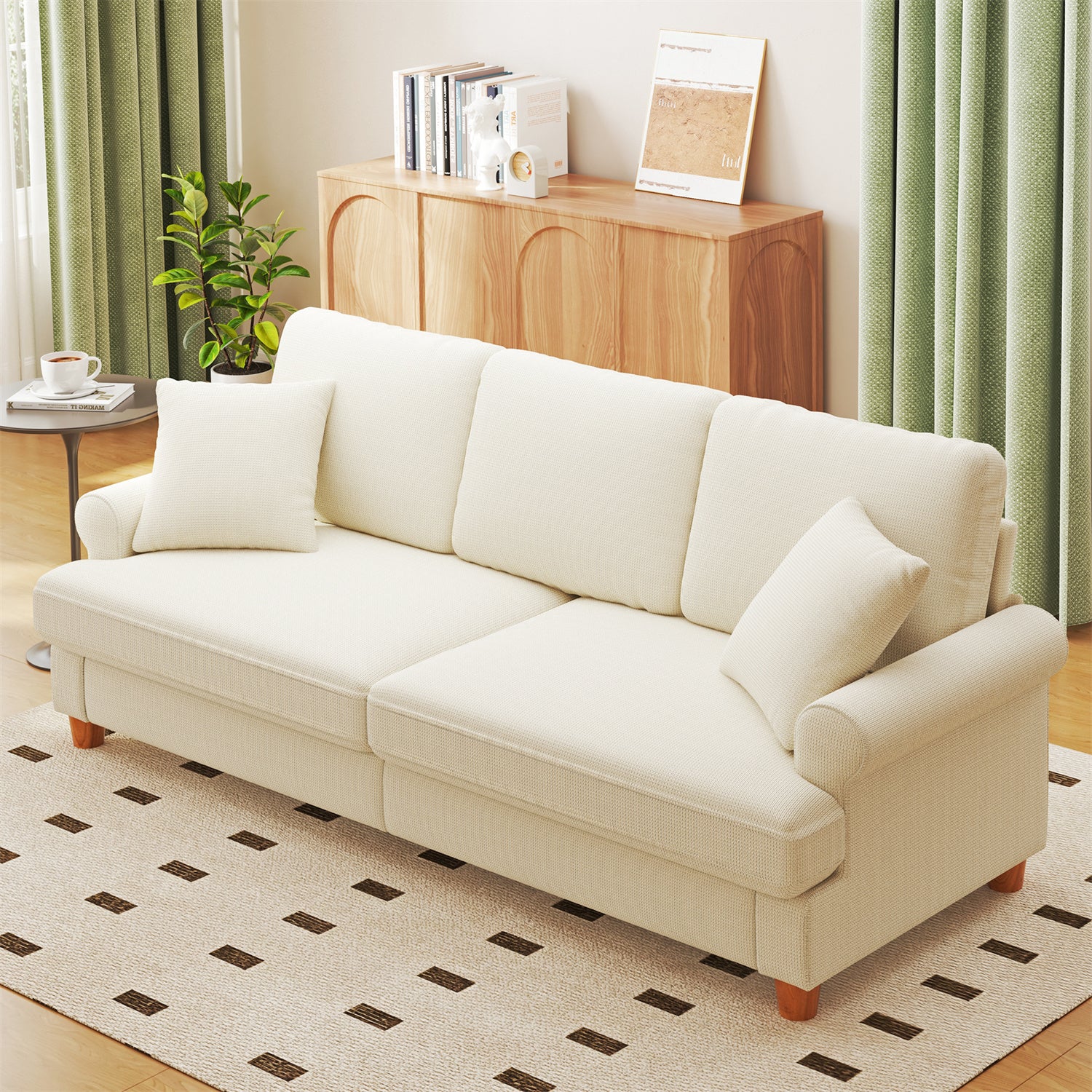 Grand Canapé 3 Places en Chenille Beige avec accoudoirs,coussins et oreillers,Canapé Scandinave pour le salon,220×74×86cm - 2
