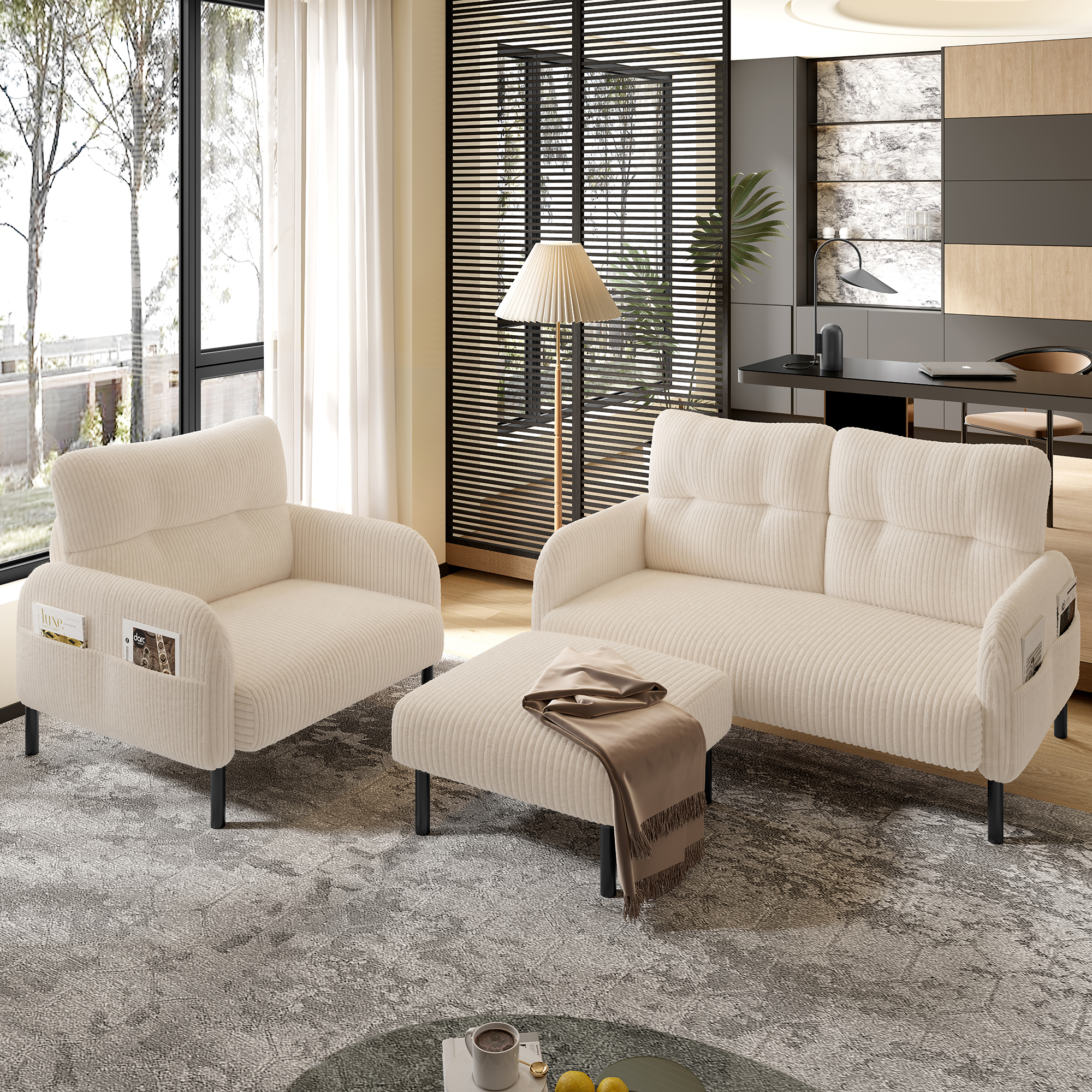 Conjunto de sofá 2 plazas + sillón + taburete - 120 x 75 x 79 cm - patas de pana y metal - beige