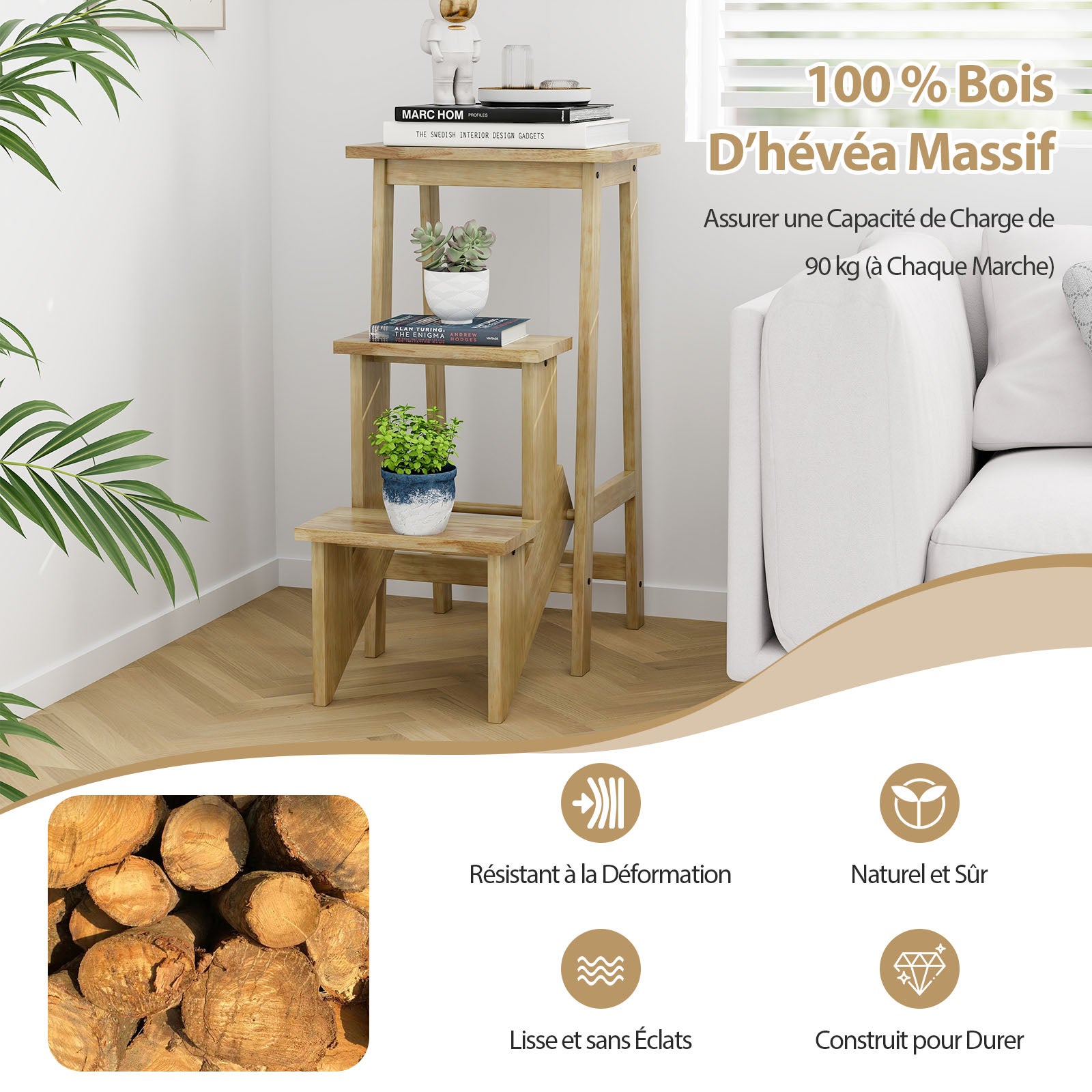 Tabouret Escabeau en Bois Hévéa Pliant, Marchepied 3 Marches, Escabeau Multifonctionnel Réversible, Portable, 57 x 41 x 76 cm, Capacité 310kg, Naturel - 7