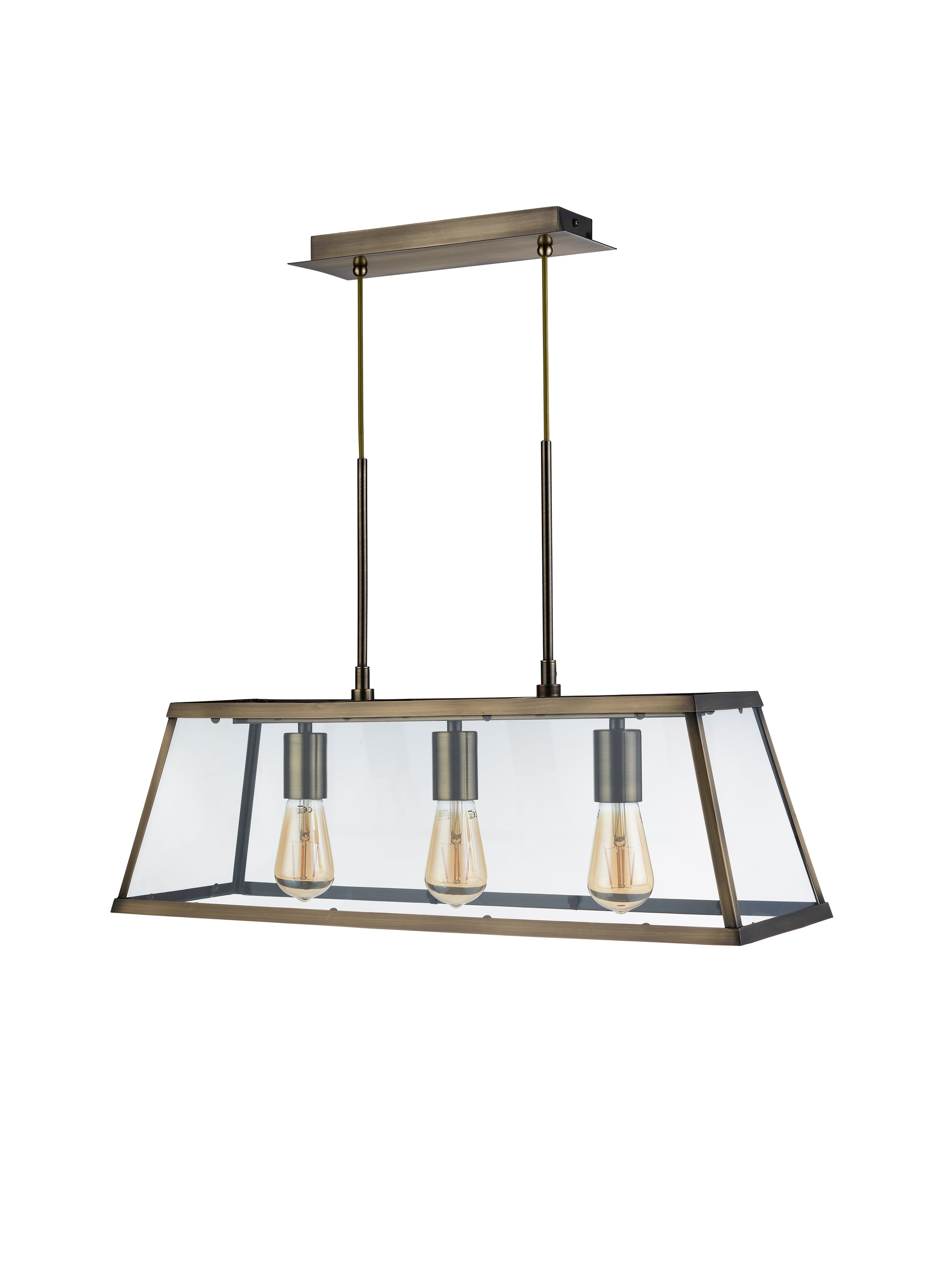 Suspension VOYAGER 3L barre lanterne rectangulaire , laiton antique, Verre E27 3x60w maxi Long 65cm haut 120cm - 2