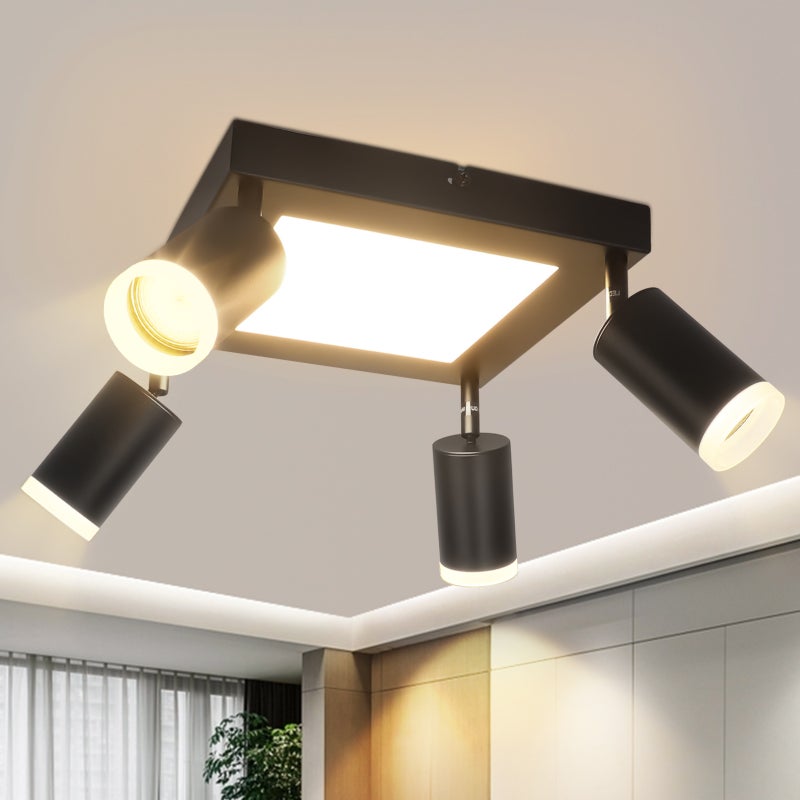 ZMH Reflektor sufitowy z 4 żarówkami GU10, 3000 K, 20 W, czarny, ciepła biel, obrotowy do korytarza