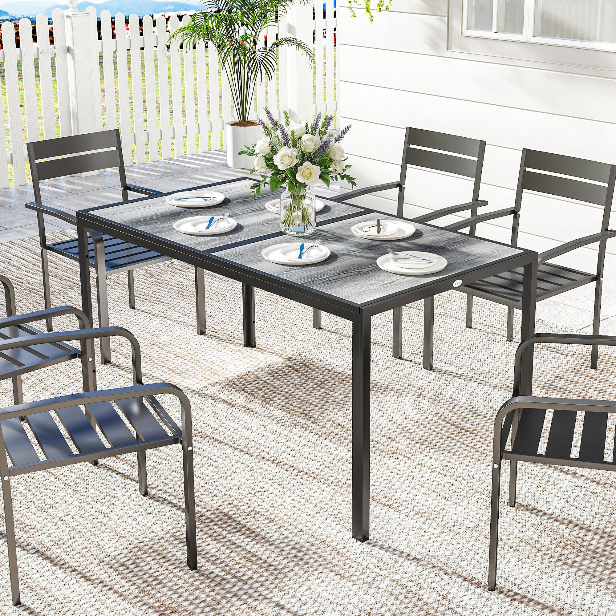 Table de jardin pour 4 à 6 personnes, table de repas d'extérieur avec plateau effet bois, 150 x 80 x 74 cm, grise - 4