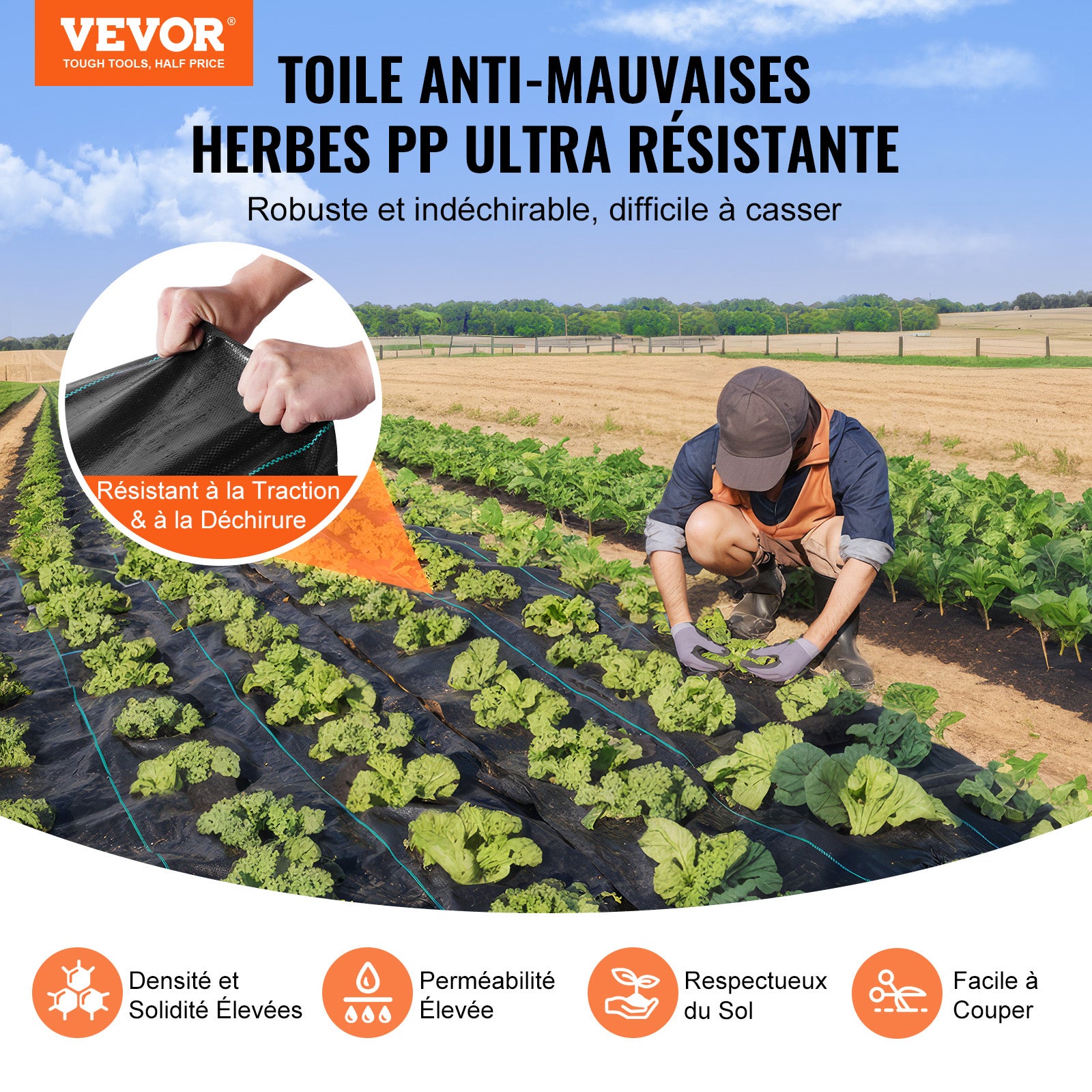 Toile de paillage anti-mauvaises herbes 1 x 50 m VEVOR, géotextile tissé 85 g/m² en PP perméable et résistant pour jardin et gravier - 2