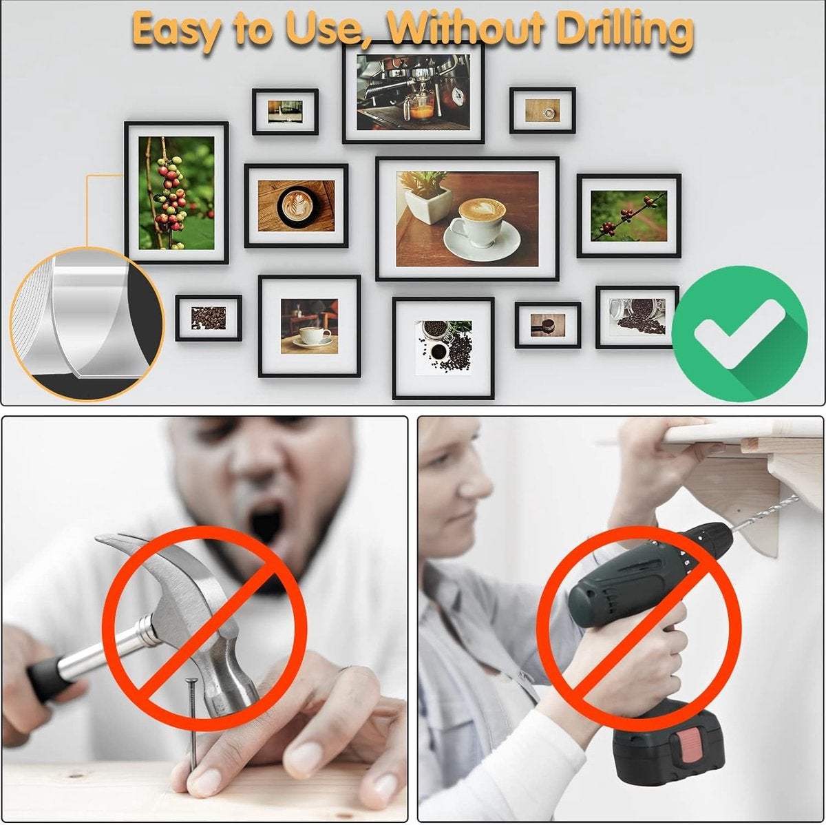 Nano Tape - Work - 2 x 3 mètres de long - 3 cm de large - Ruban double face extra fort - Étanche - Réutilisable - 6