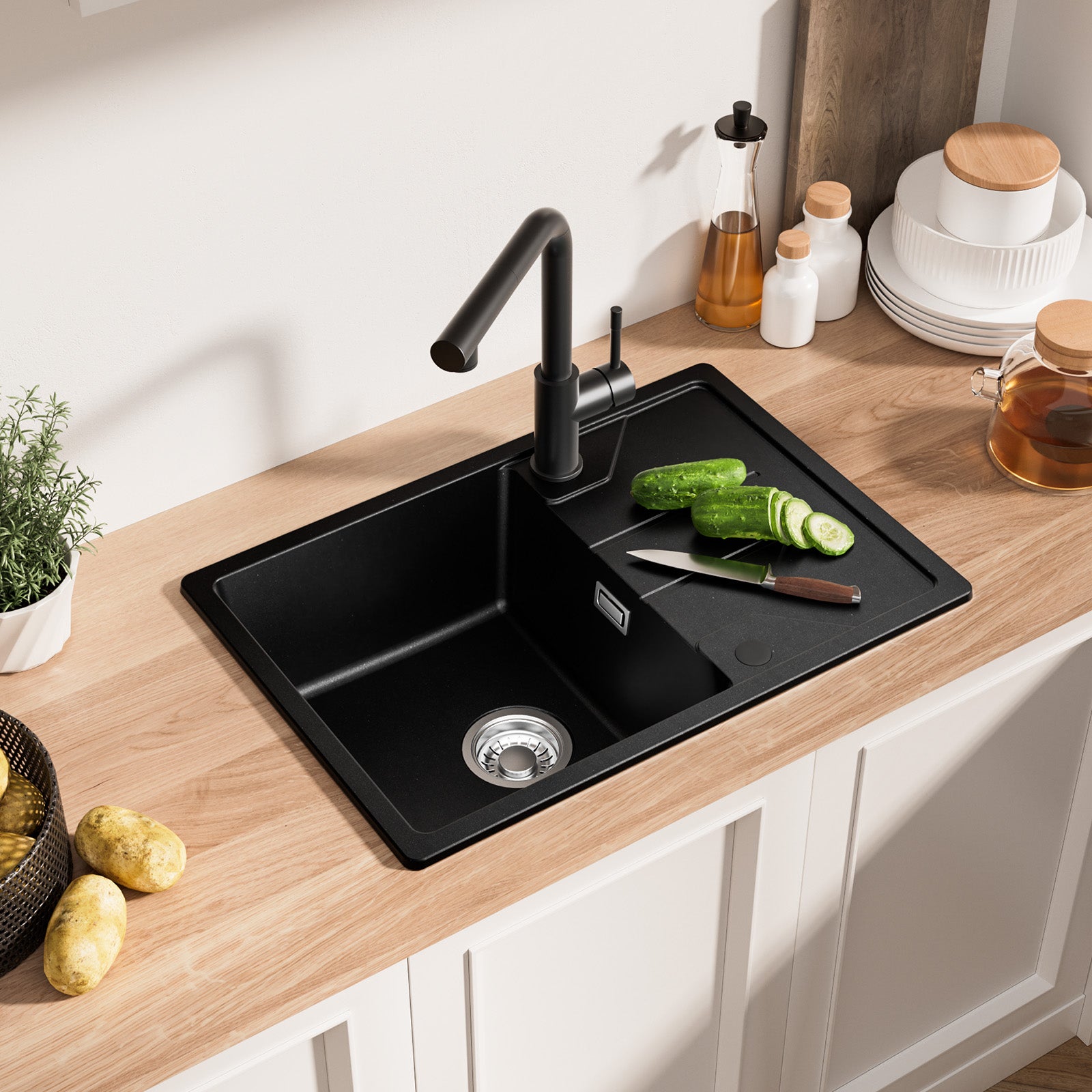 DERW max Fregadero de cocina de granito de 65 x 45 cm, de cuarzo y