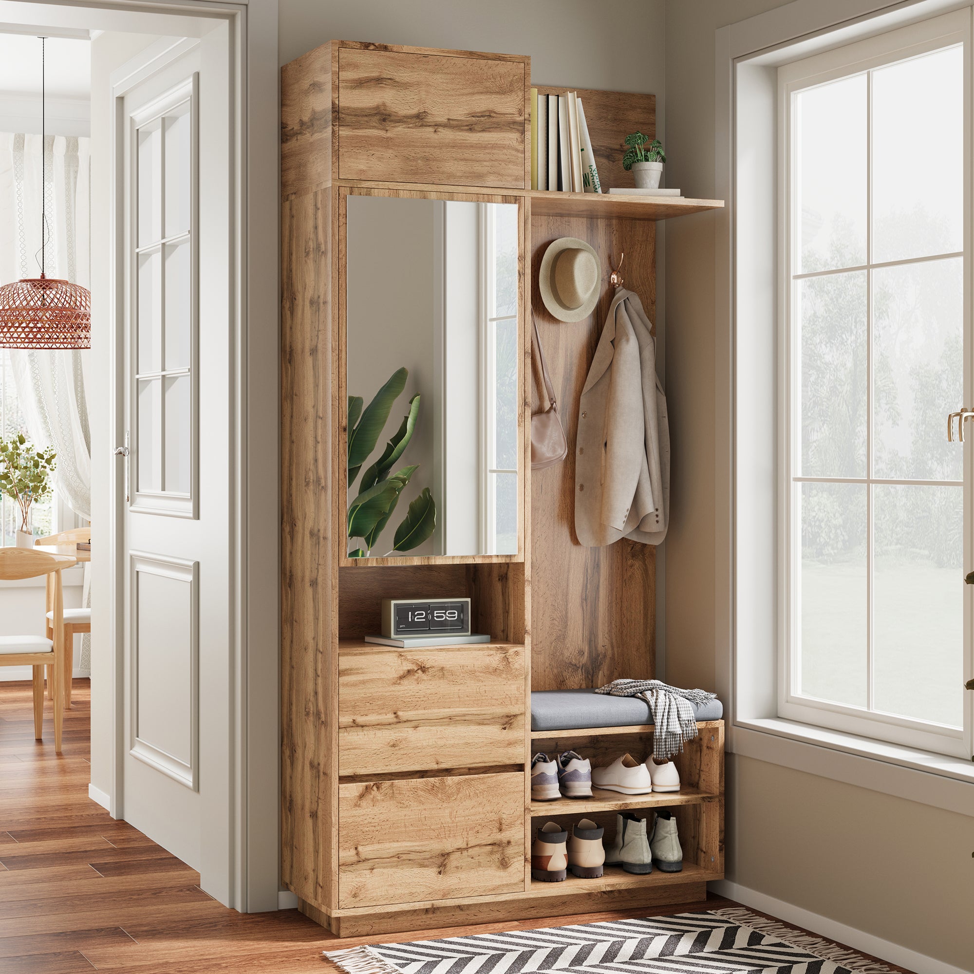 Szafka na buty z lustrem, ławką, wieszakami, 3 drzwiami i 1 szufladą - 90 x 34,5 x 190 cm - MDF - Naturalna - 6