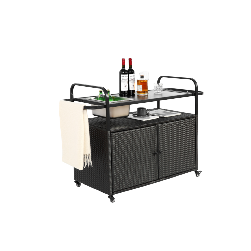 Table de Bar Extérieur en Rotin avec Armoire, Seau à Glace et Panier Latéral, Plateau Acier, Roues Verrouillables, Noir - 3