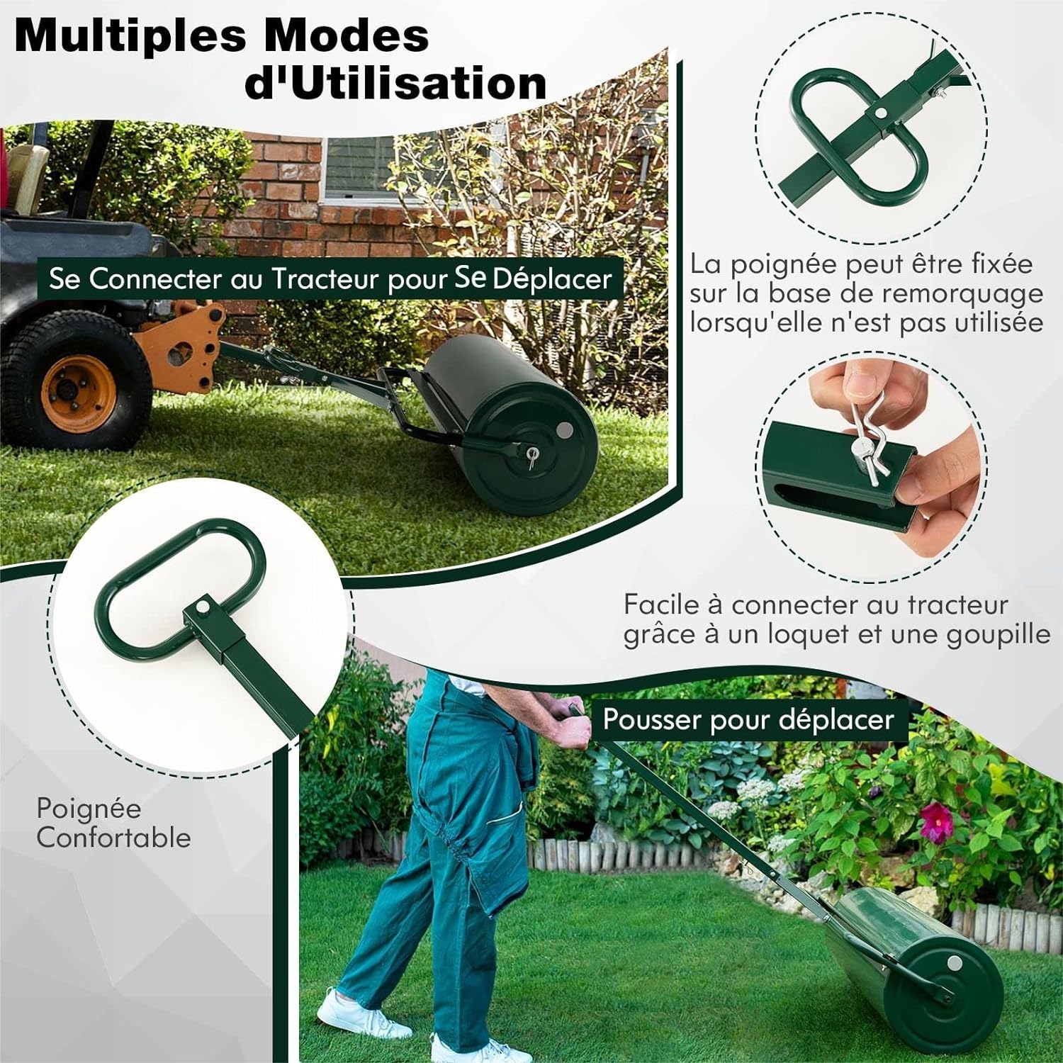 Rullo per Prato in Metallo, Rullo da Giardino Riempibile con 30 Litri di Acqua/Sabbia, con Gancio e Impugnatura Staccabile per Giardino, Prato - 5