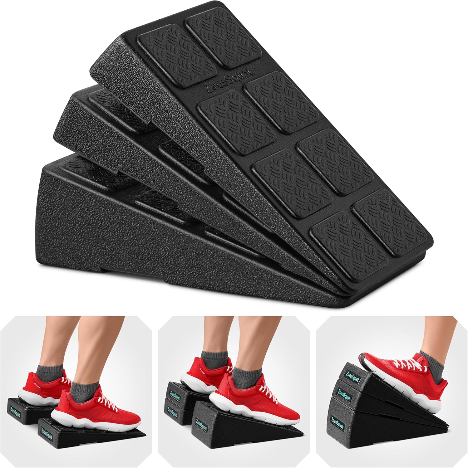 3 cunei antiscivolo per squat, cunei inclinati rialzati, cunei per squat rialzati, rampa inclinabile regolabile, cuneo per squat e stacco da sollevamento, polpaccio, sollevamento (nero blu