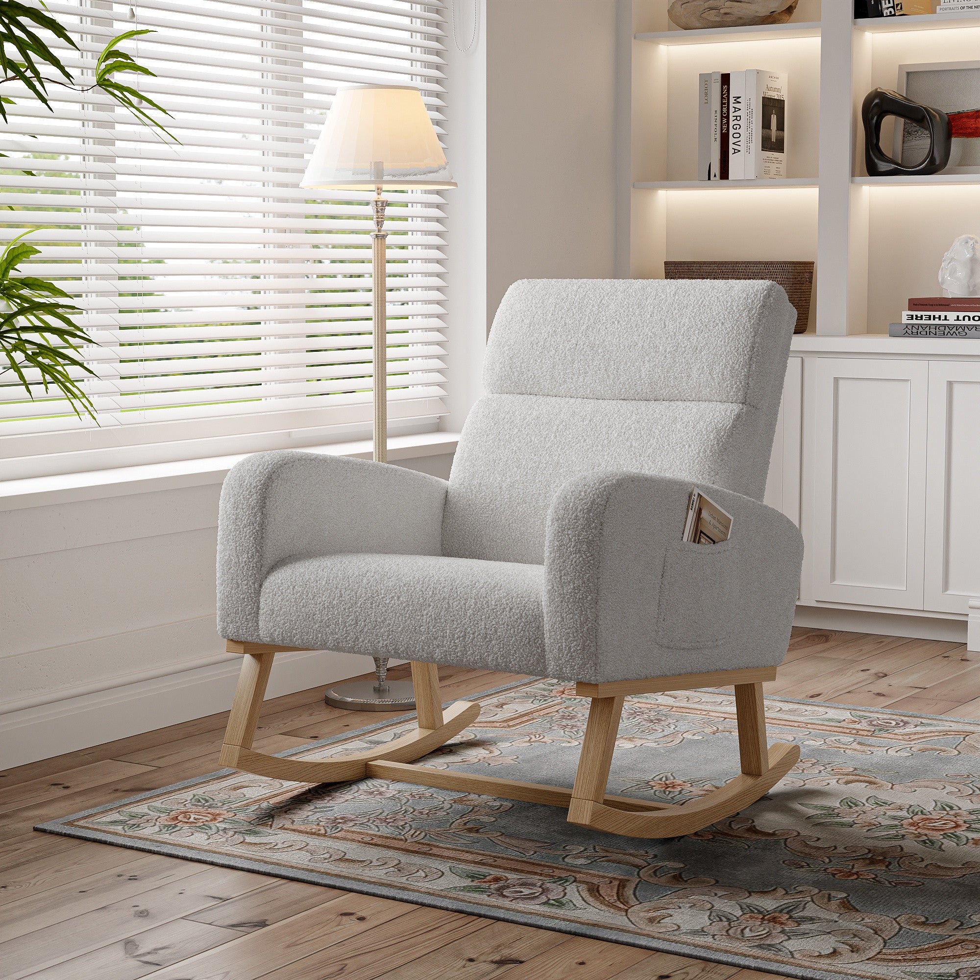 Fauteuil à Bascule - Confort Ergonomique - avec Poches Latérales et Bois Massif - 69.2x78.5x87cm - en Tissu Bouclée Gris Clair - 2