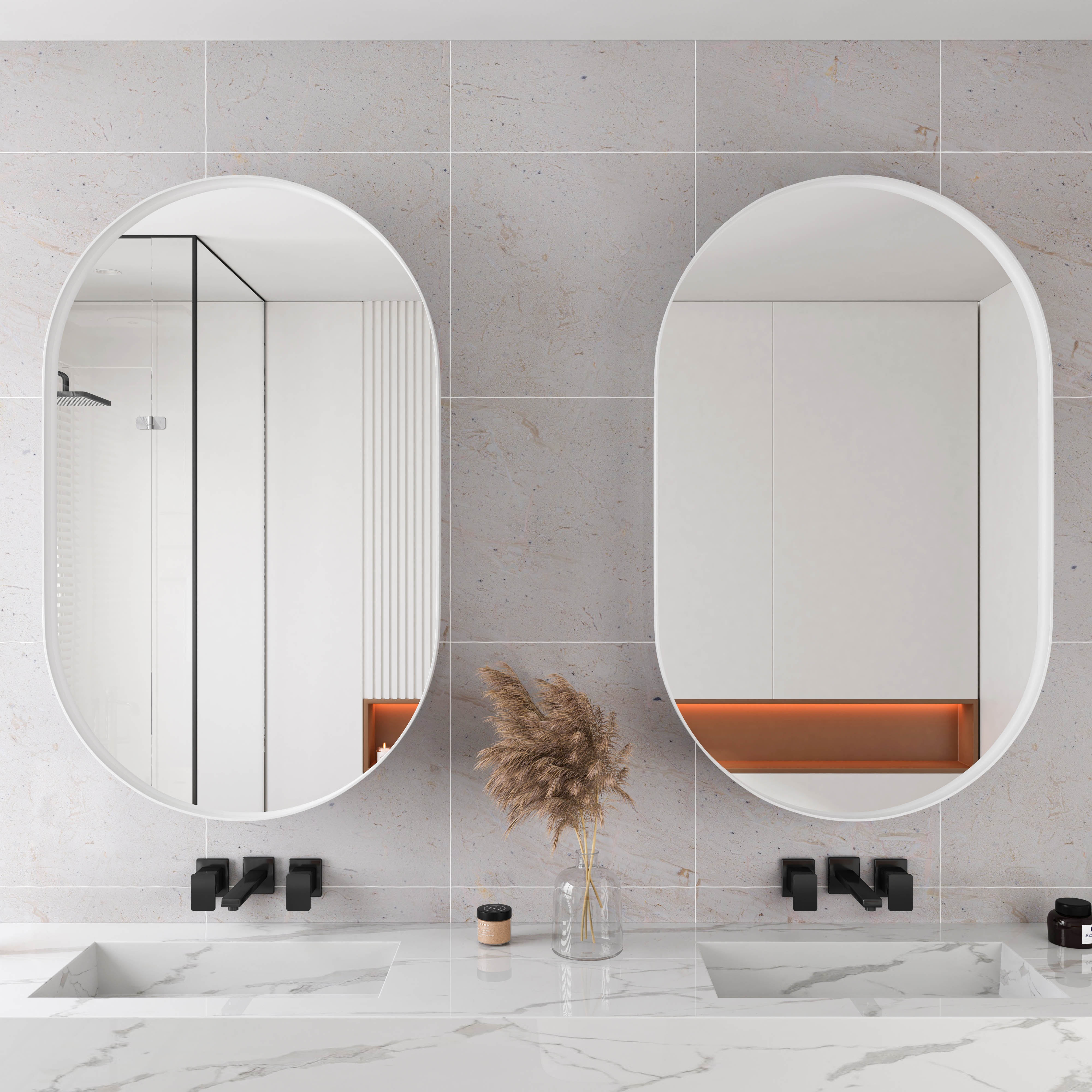 Armoire Miroir Ovale avec Cadre Métallique, Étagères Ajustables, Installation Murale ou Encastrée, Finition Blanc pour Salle de Bain - 4
