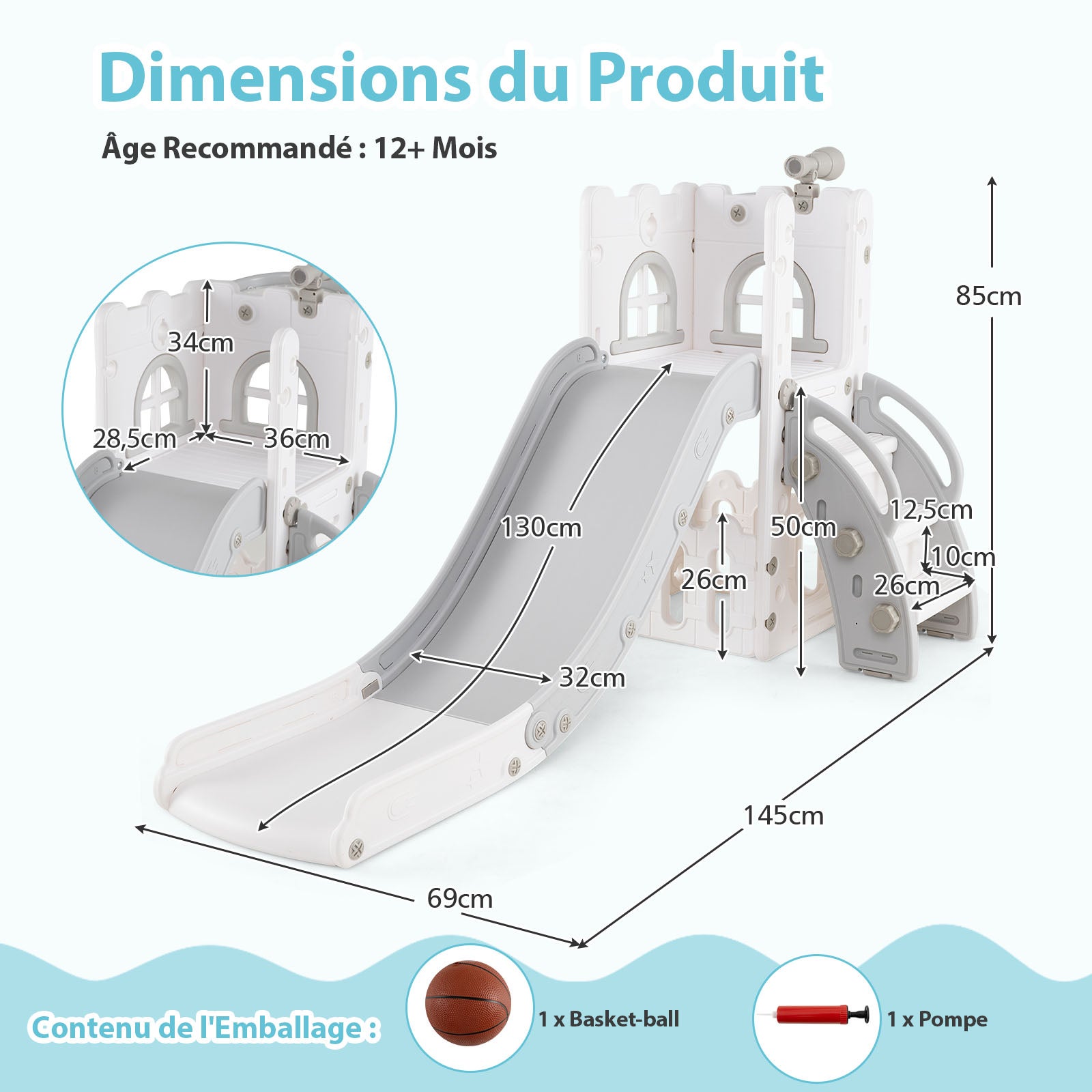 6 en 1 Toboggan Enfant en HDPE avec Panier de Basket & Télescope, Aire de Jeux Intérieure avec Échelle & Espace de Rangement, Blanc+Gris, pour 1 Ans+ - 3