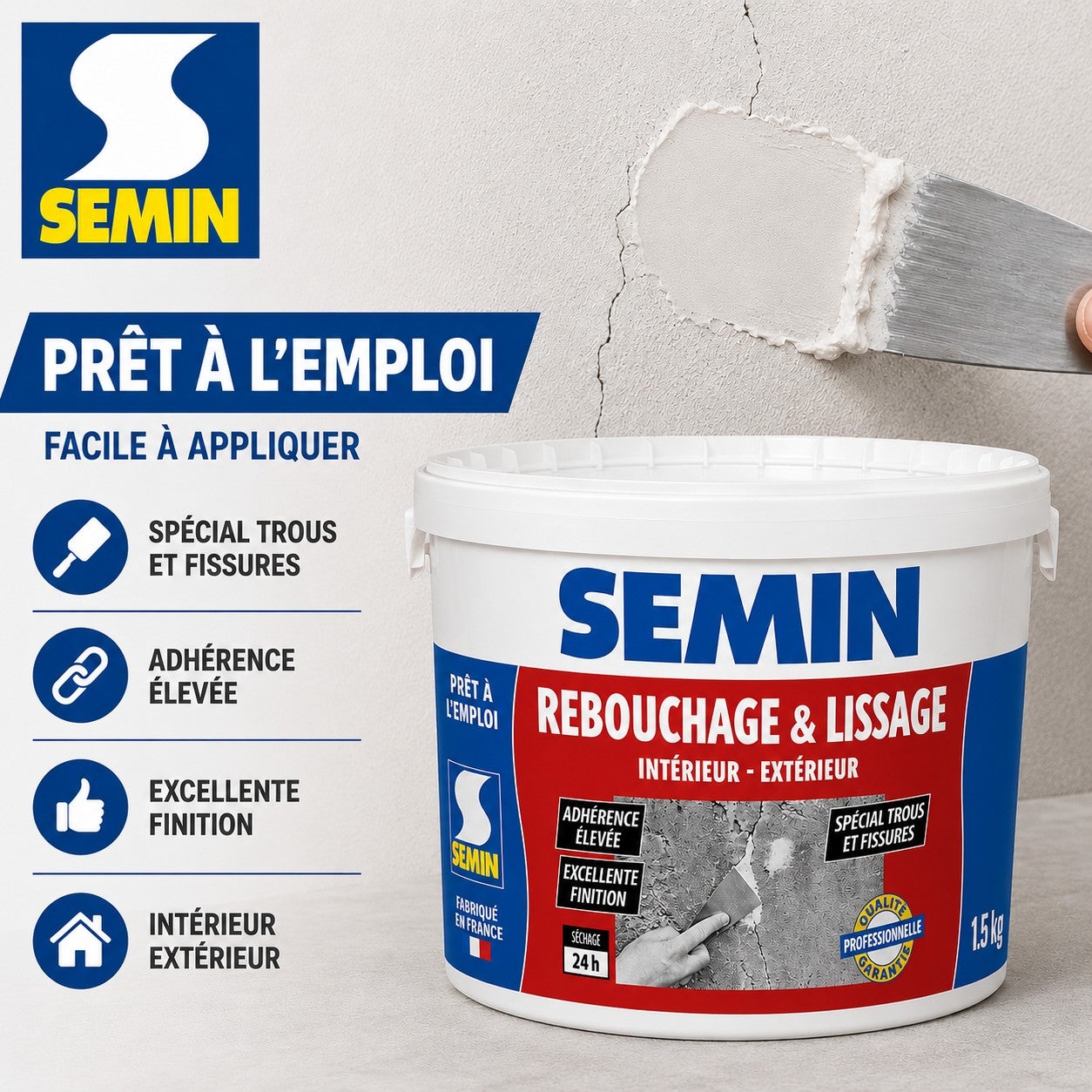 Enduit de rebouchage en pâte spécial fissures et trous de vis Semin - intérieur/extérieur - seau de 1,5 kg - 6