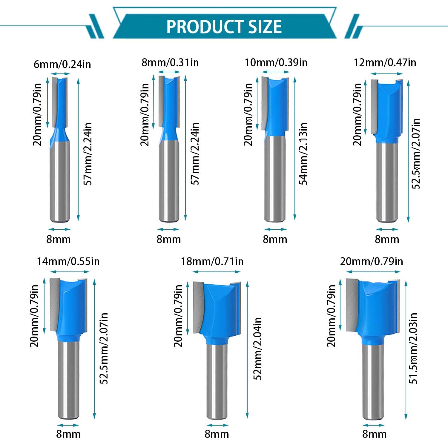 Lot De 6 Fraises Droites à Rainurer Pour Défonceuse - Tige 8 Mm - Diamètres : 3, 4, 5, 6, 7, 8 Mm - Pour Bois