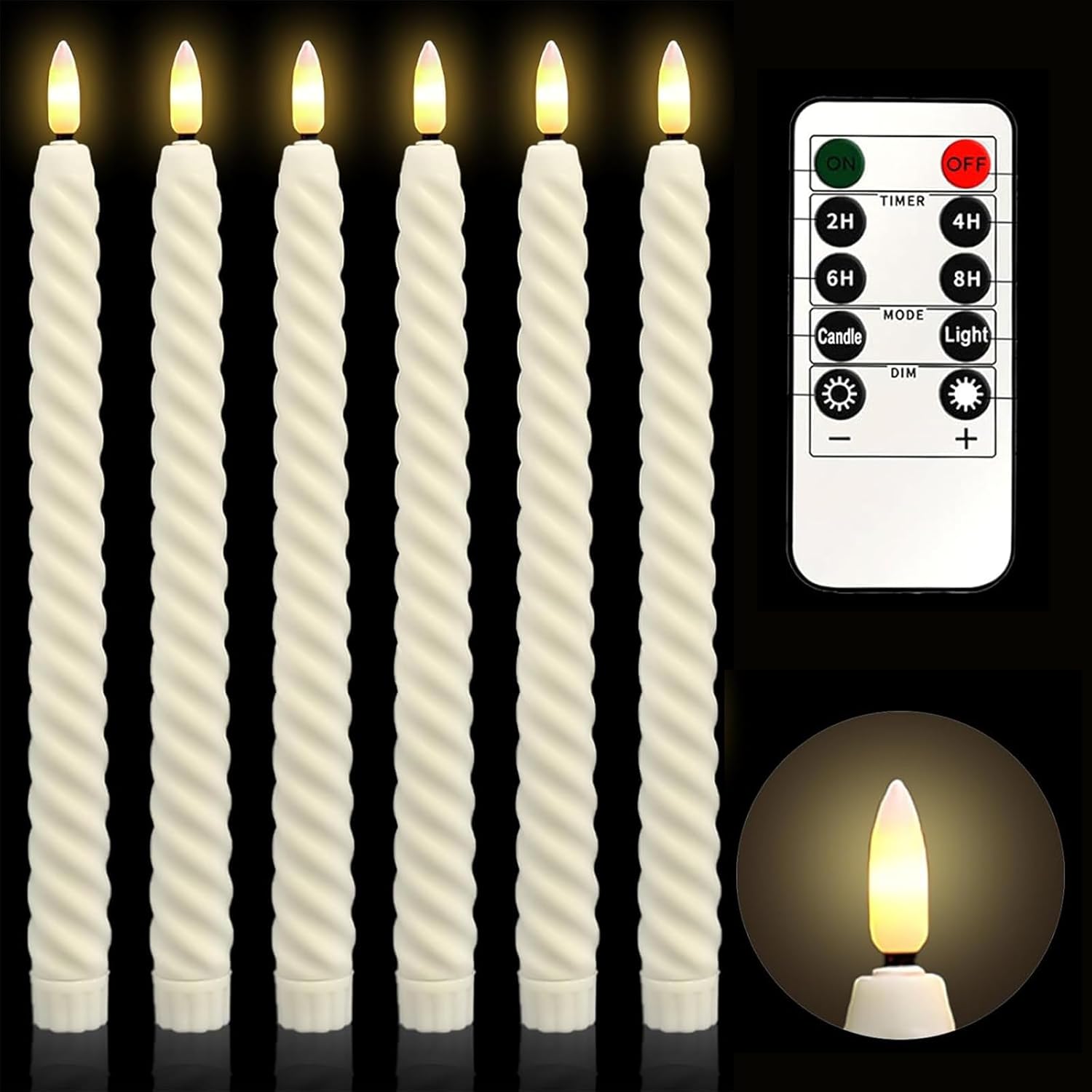 Zestaw 6 bezpłomieniowych świec LED, 25 mm, zasilanych bateryjnie, migoczących bezpłomieniowych świec LED z pilotem zdalnego sterowania/funkcją timera