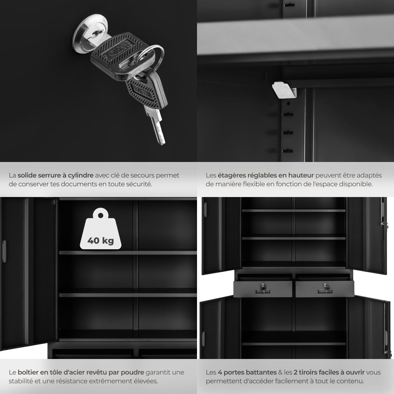 Armoire de classement en métal, compartiments avec étagères réglables, portes renforcées, verrouillable, noir TECTAKE - 5