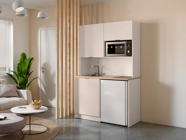 Meuble multifonction kitchenette et buanderie - Avec plan de travail 120 cm - Beige et naturel - CARMEO