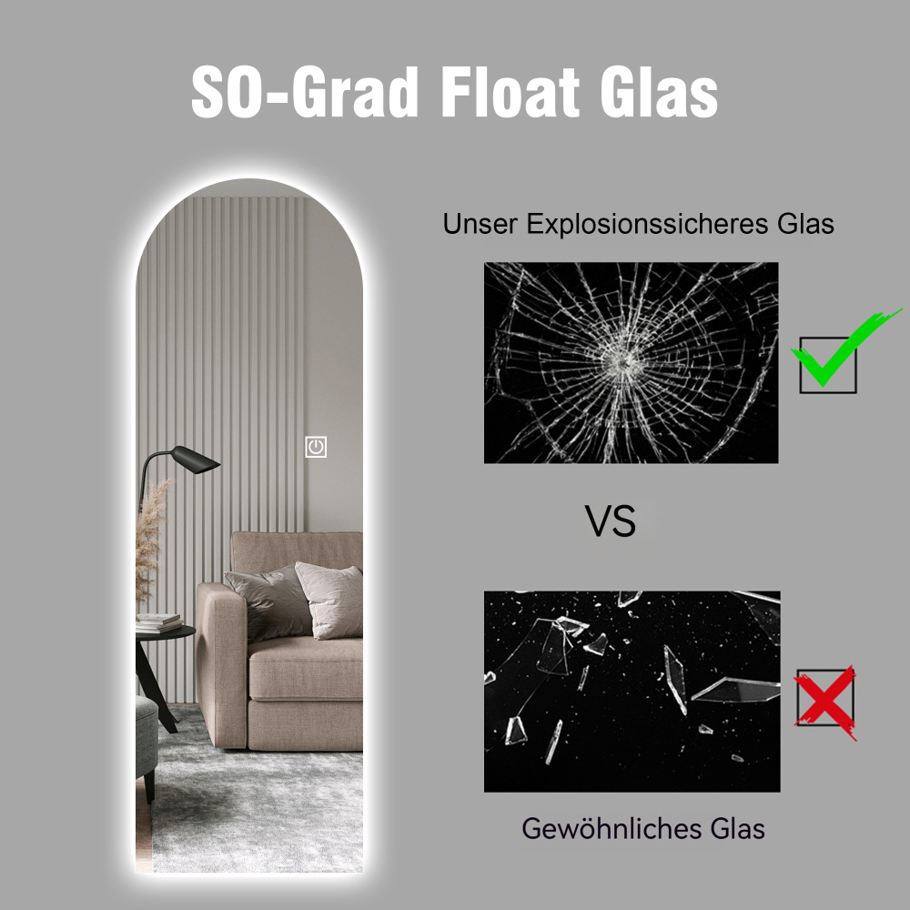 Specchio LED a figura intera ad arco 165×50 cm, specchio da terra o parete senza cornice, vetro argentato 5 mm infrangibile, luce regolabile 3 colori - 9