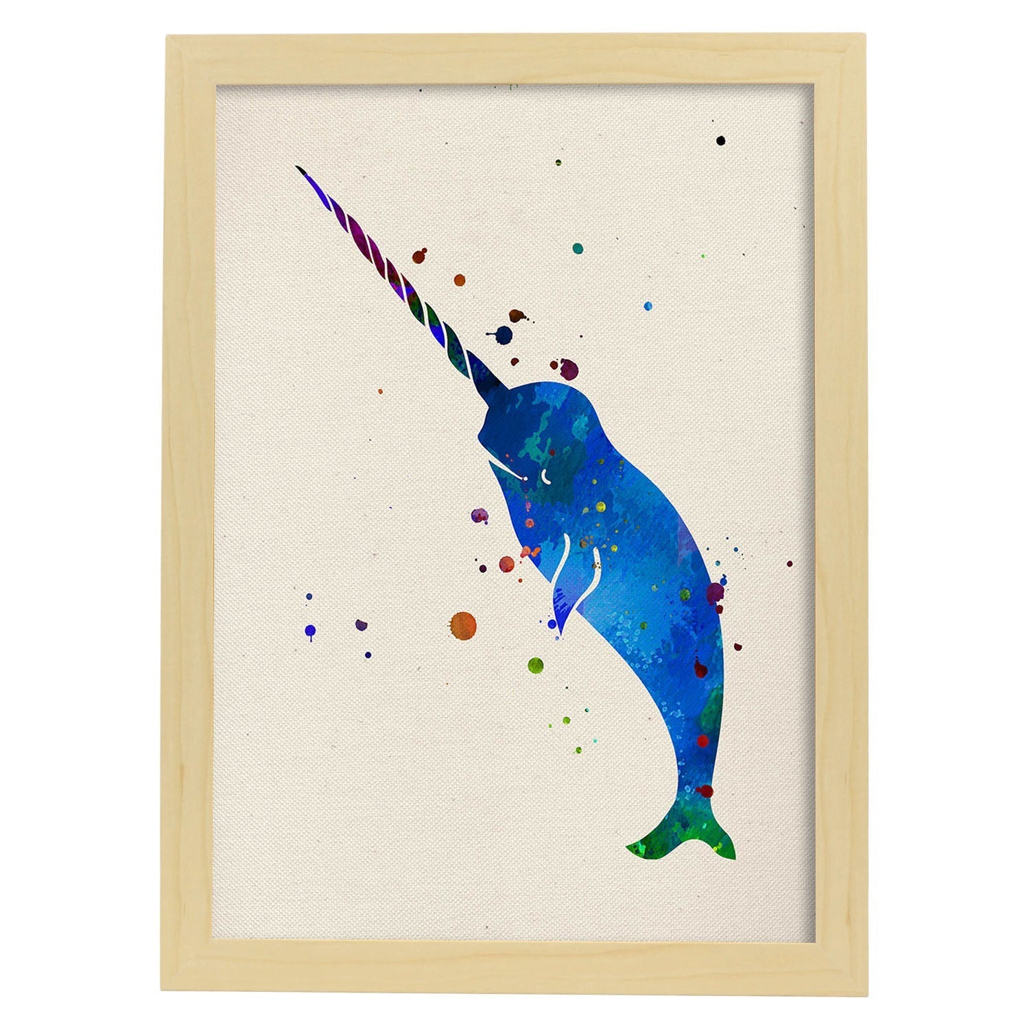 Posters de animales marinos con diseno acuarela. lamina narval, impresa con textura acuarela, para marco blanco - a3