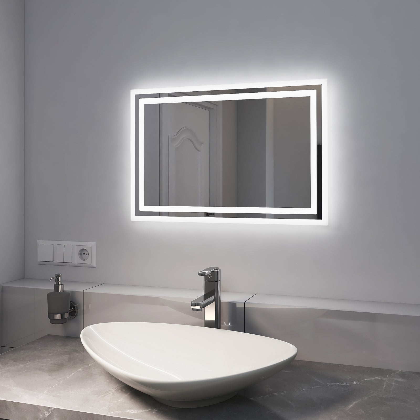 EMKE Lustro łazienkowe z oświetleniem LED 60x40 cm, z 3000/6500K, Przeciwmgielne, funkcja pamięci, przełącznikiem przyciskowym