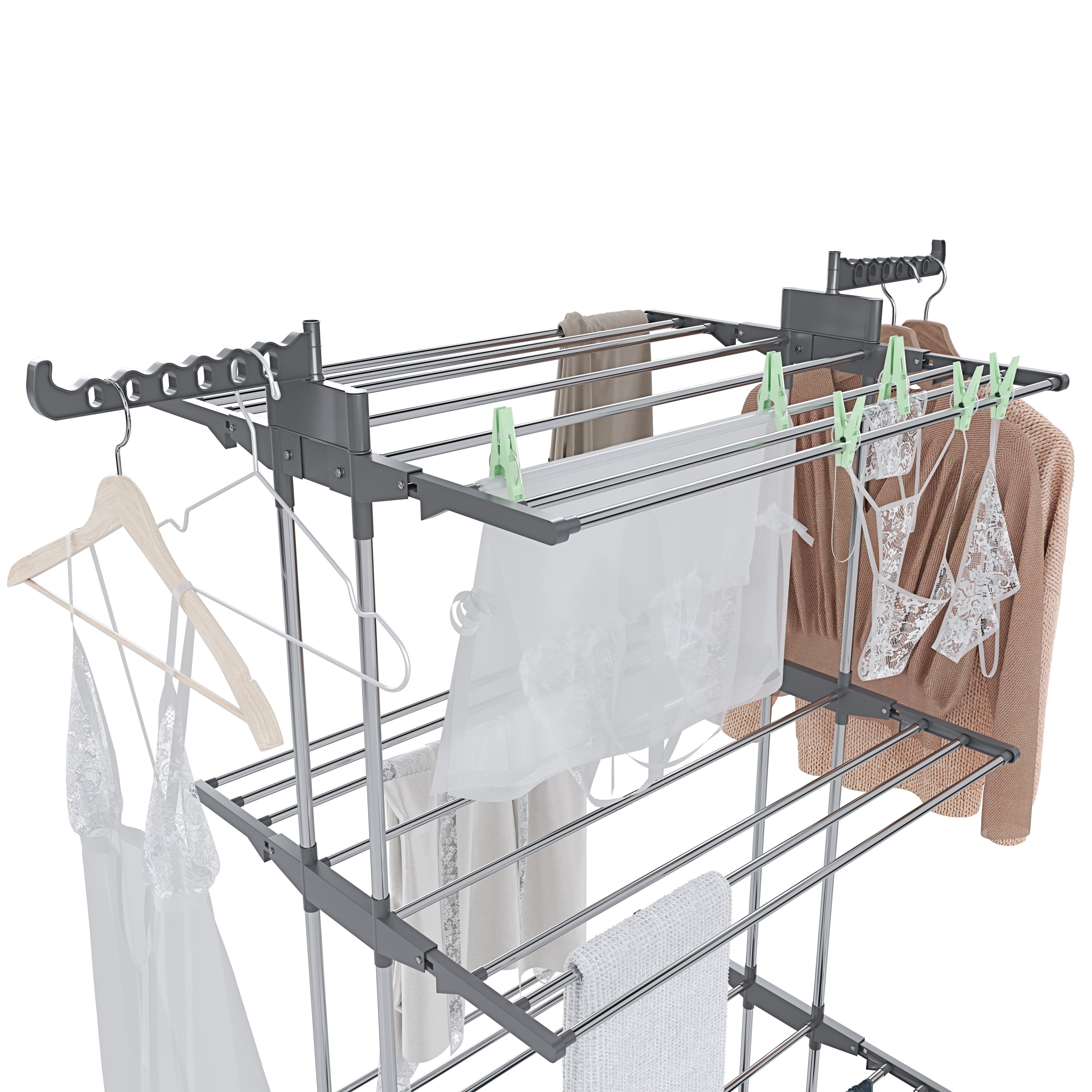Stendibiancheria A Rotelle Stendino A Torre Verticale In Acciaio E ABS 4 Piani Pieghevole Salvaspazio Con Ali Richiudibile Biancheria Interno Grigio - 2