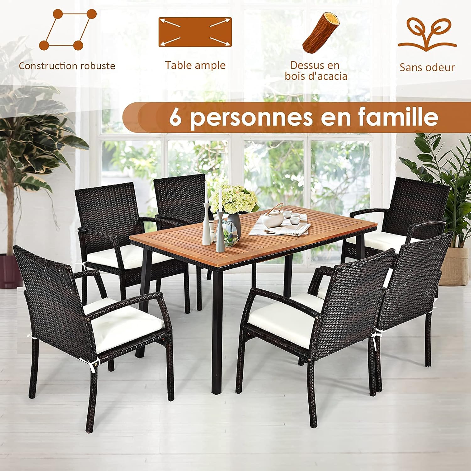 Table à Manger Extérieur en Bois d'Acacia Certifié FSC pour 6 Personnes, Table 140x75 cm avec Trou pour Parasol 5 cm,Pied en Métal - 6