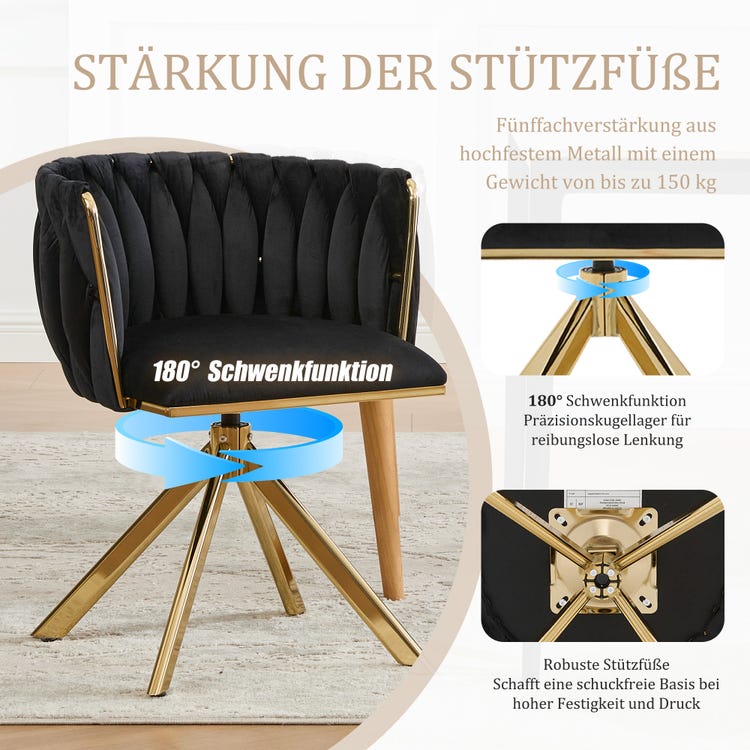 Fauteuil velours (lot de 2) : structure métallique robuste, pivot 180°, ergonomique, luxueux. Salon/boudoir/espace de travail créatif. - 3