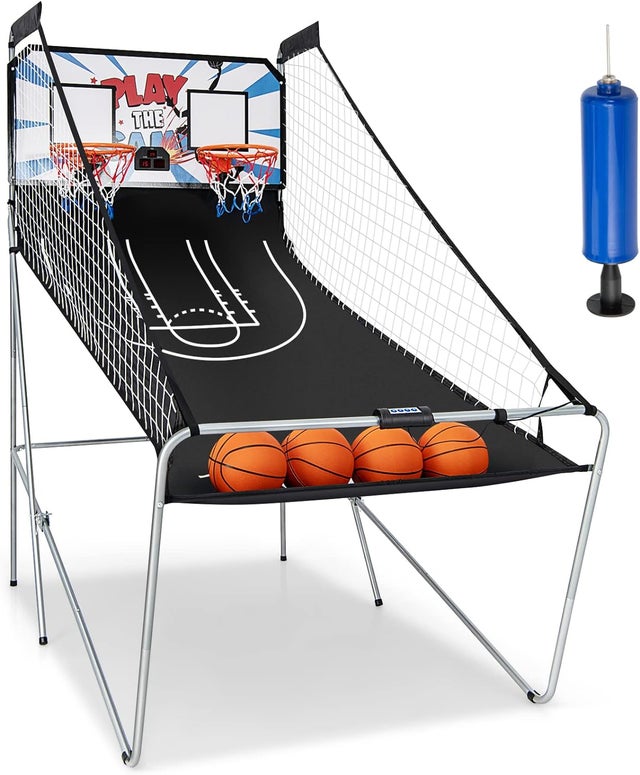 Jogo de basquetebol dobrável, 2 aros e 4 bolas, 8 modos de jogo, sensor elétrico, placar LED, 4 botões de funcionamento, 207 x 108 x 205 cm