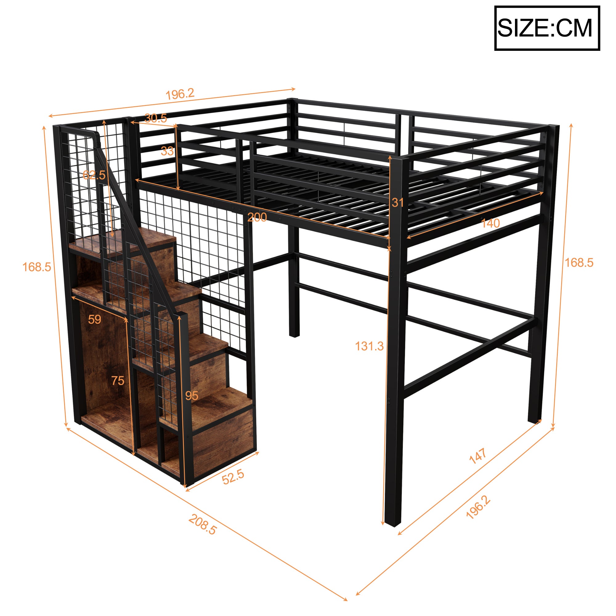 Lit mezzanine double 140×200cm, Avec espace de rangement, Lit enfant en fer, avec escalier de sécurité et garde-corps, Noir (matelas non inclus) - 3