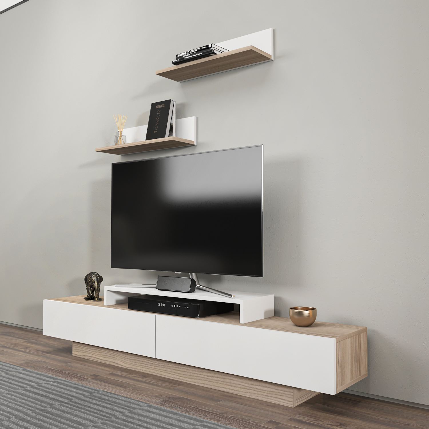 Meuble tv decorotika lusi 180 cm | compatible tv jusqu’à 80 pouces | 2 armoires et 2 étagères murales (cordoba) - 2