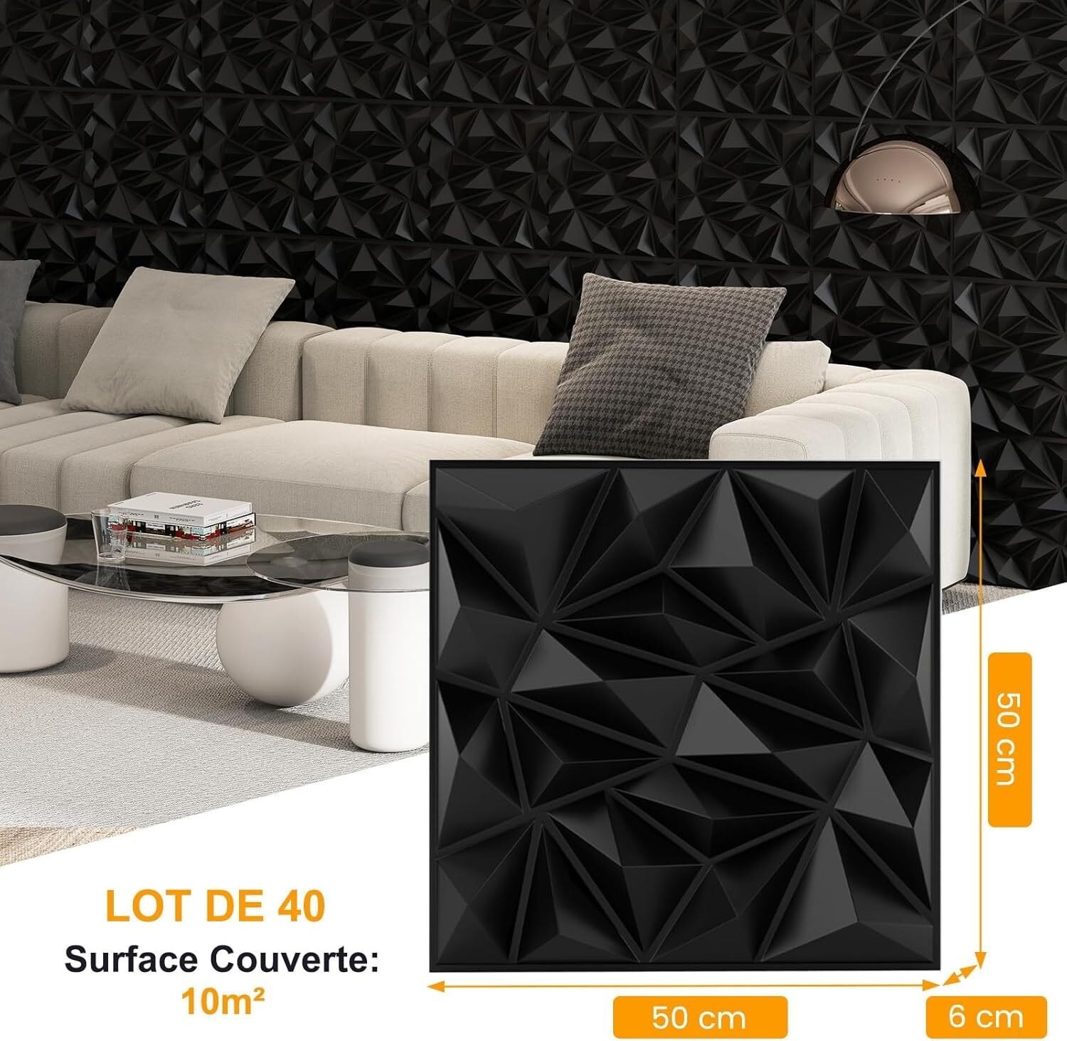 40x/10m² Panele Ścienne 3D, Okładzina Ścienna z Kwadratowych Paneli Wewnętrznych 50x50 cm z PVC, Ognioodporna z Akcentem Diamentowym do Wycinania - 2