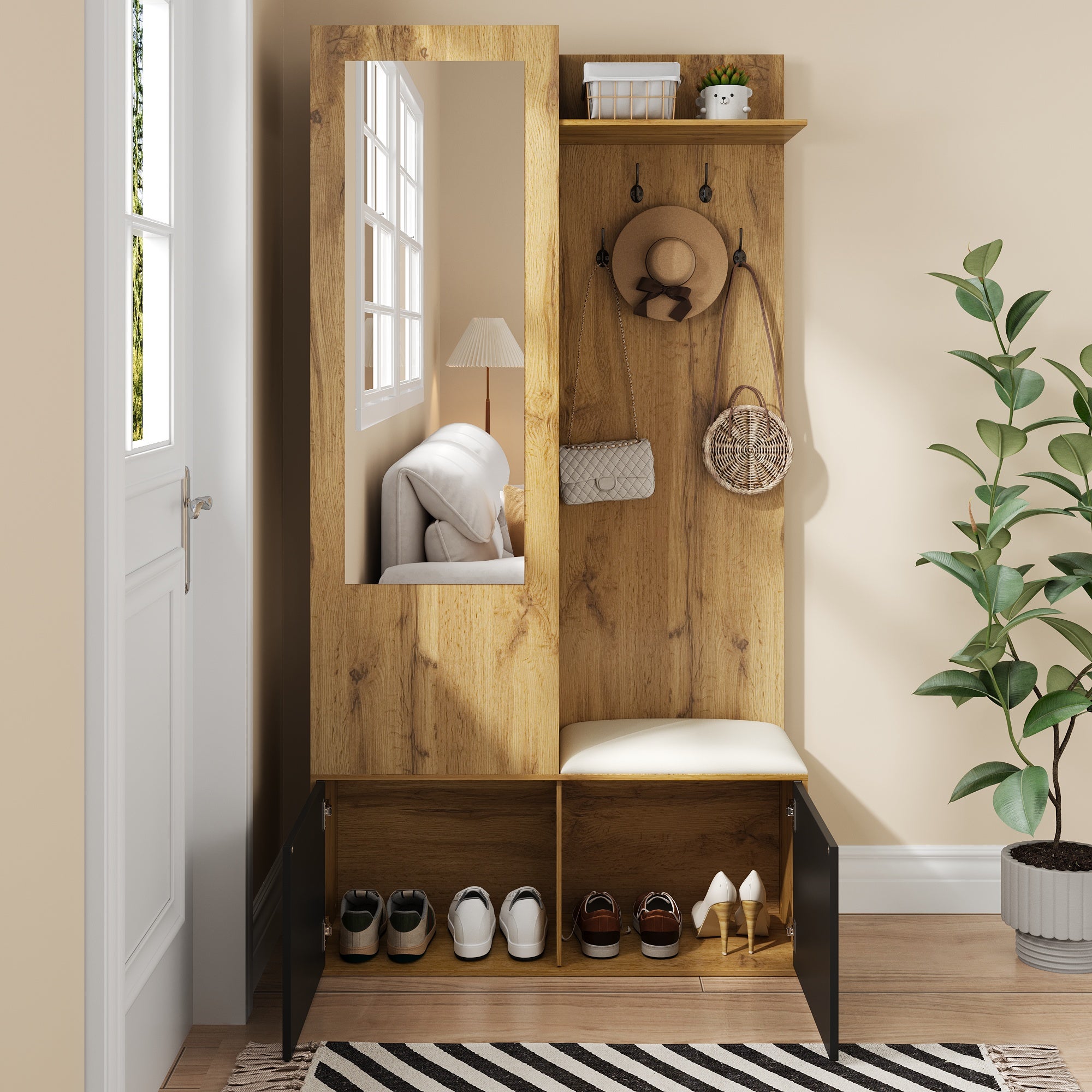 Ensemble meuble à chaussures avec banc + miroir + armoire ouverte - 100 L x 38 l x 191 H cm - 2 portes - MDF - Naturel + noir - 4
