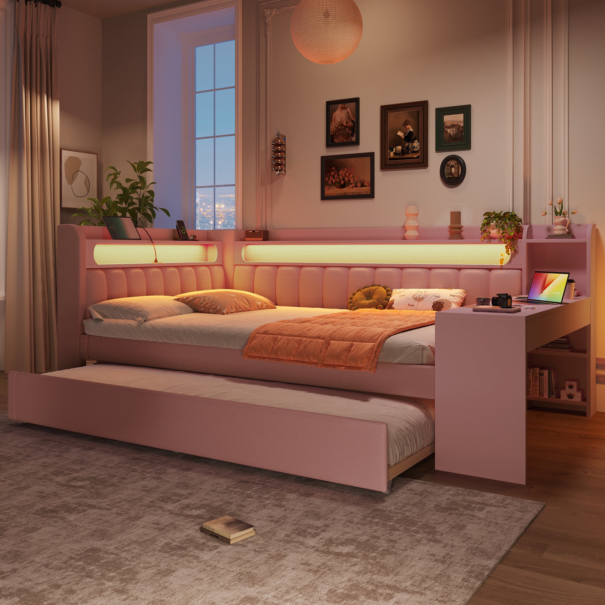 Łóżko wysuwane 140 x 200 cm z zagłówkiem i biurkiem - MDF + sklejka + pościel - porty USB i diody LED - różowe (materac nie jest wliczony w cenę)