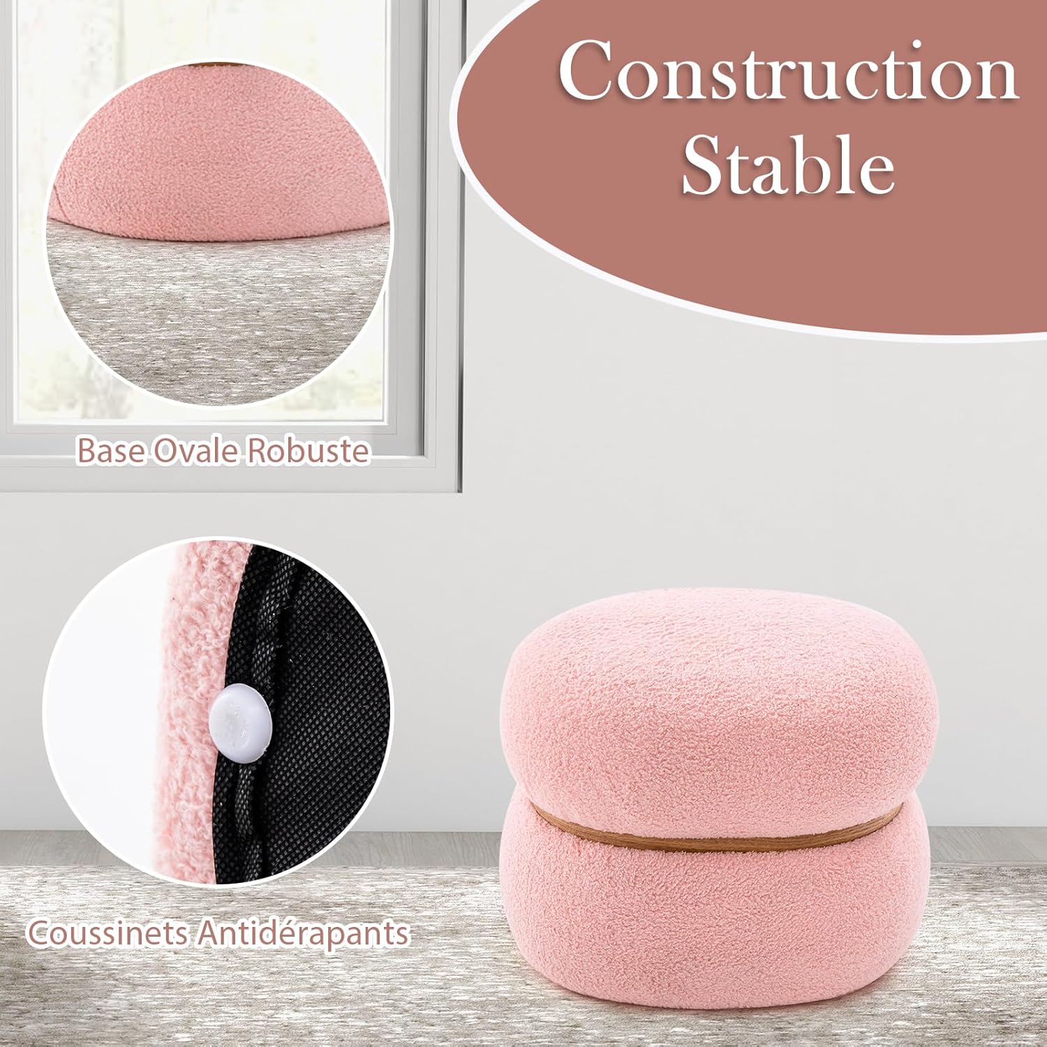 Tabouret de Coiffeuse en Fausse Fourrure, Pouf, Repose-Pieds Rembourré, Base Stable et Patins Antidérapants, Max.300kg, 44x35x35cm, Rose - 6