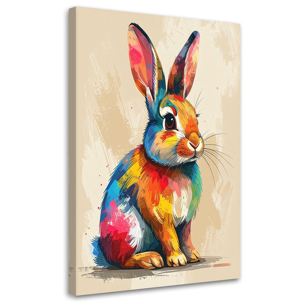 Obraz do pokoju dziecka, Kolorowy krolik na beżowym tle 20x30