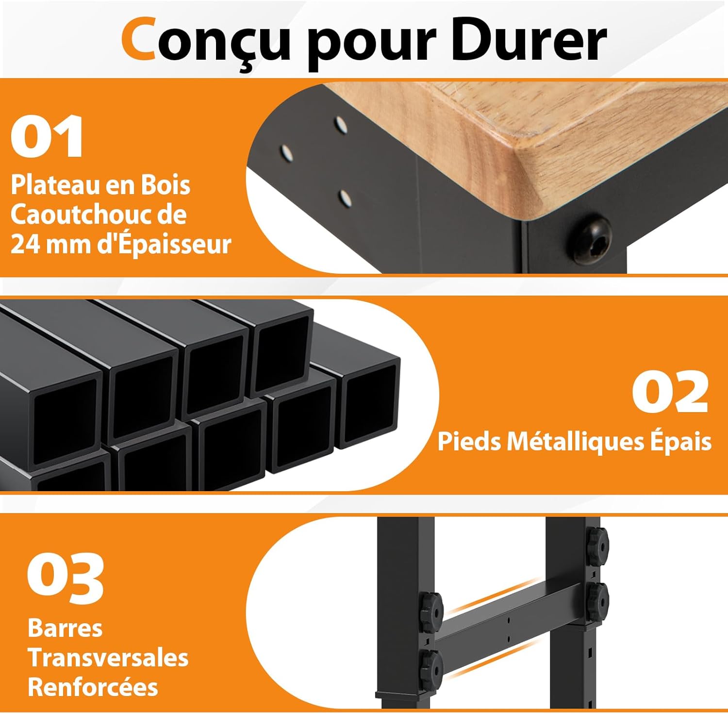 Établi de Travail Bricolage pour Atelier Garage, Hauteur Réglable 74-104cm, Table de Travail à roulettes Verrouillables - 3