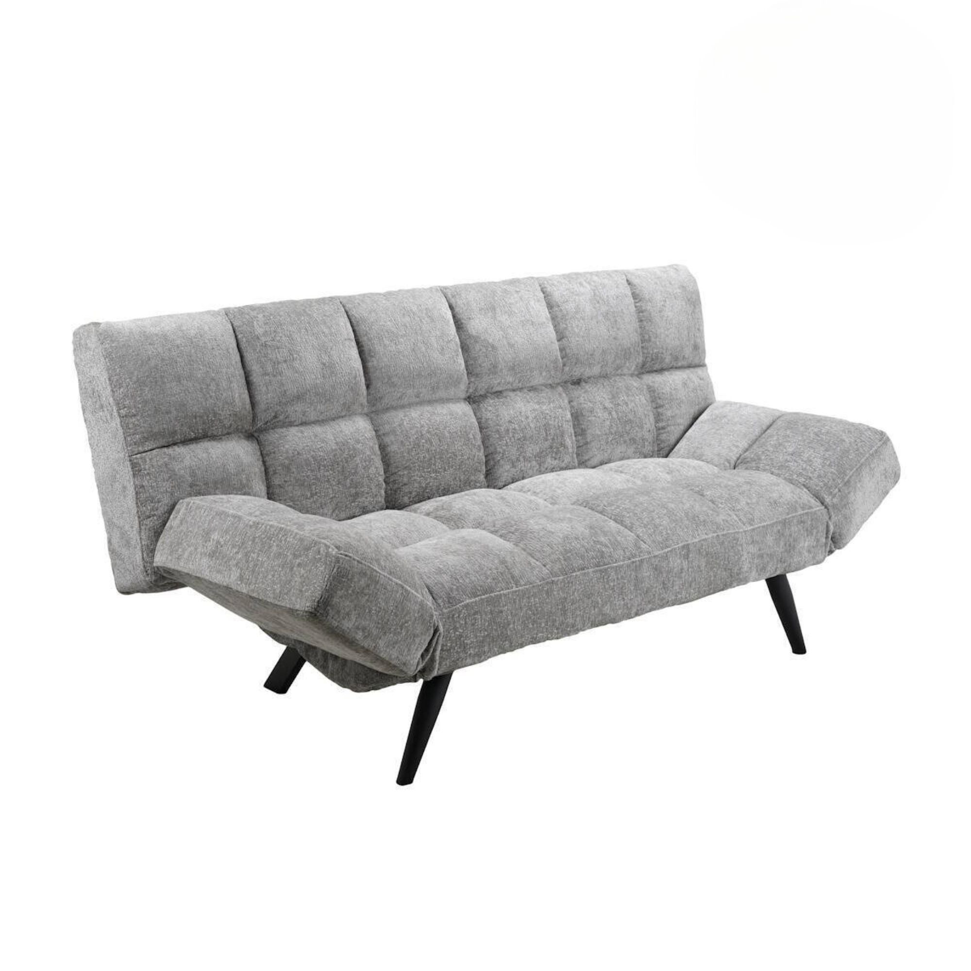 Sofa z funkcją spania, szara tapicerka, regulowane podłokietniki, metalowe nogi