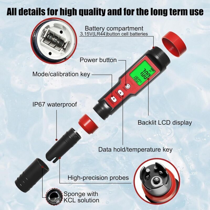 pH Chlore Mètre Piscine 7-en-1, Testeur pH/Chlore/Salinité/ORP/TDS/EC/T°, qualité eau haute précision avec ATC pour piscines, eau potable, hydroponie - 2
