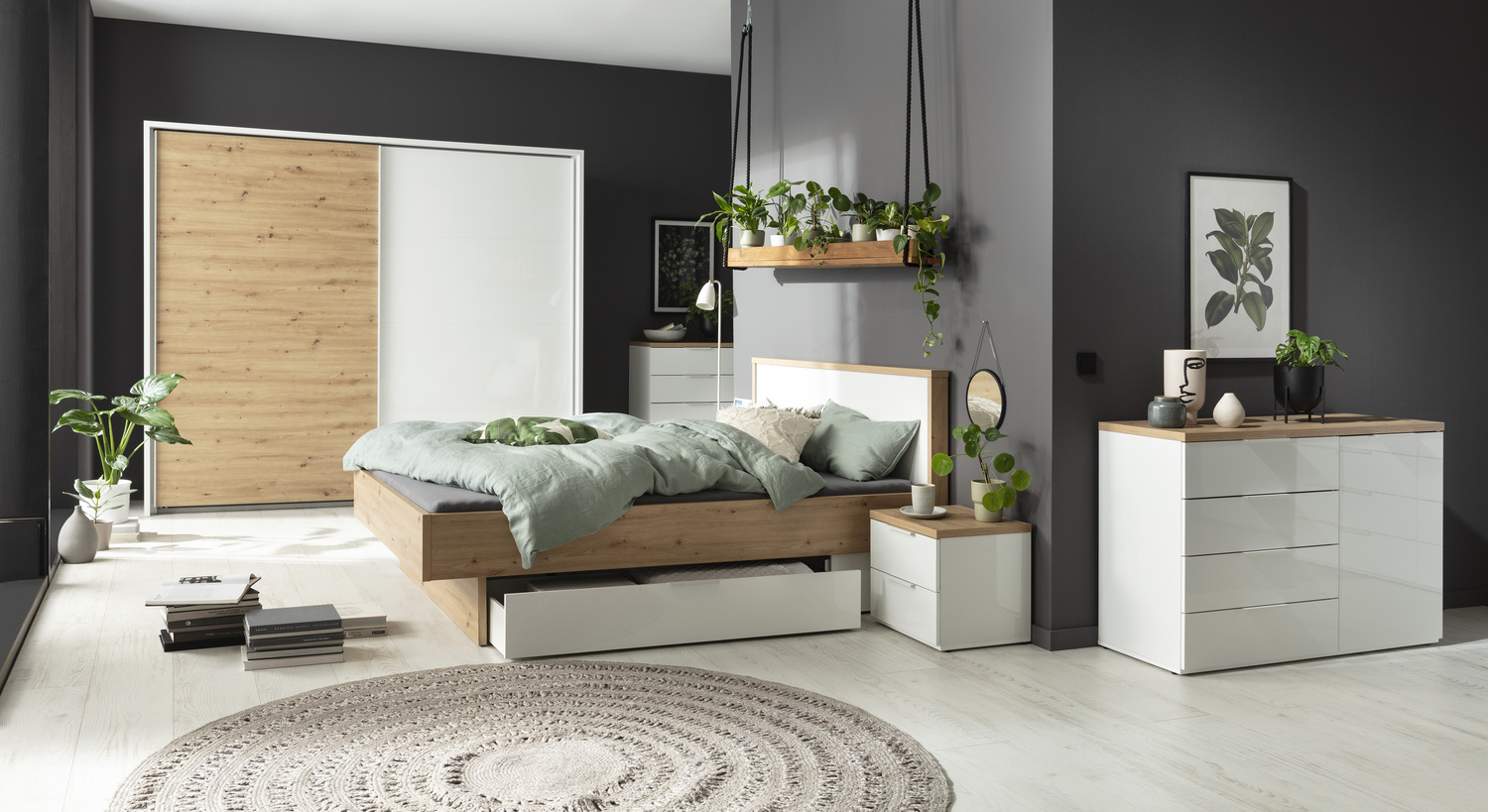COMPOSAD | Comodino Linea MUNDI BEDROOM, Comodino Bianco, Camera Da Letto, (LxAxP) 49x44,20x39,90 cm, Rovere Oak Miele e Bianco laccato, Made in Italy - 5