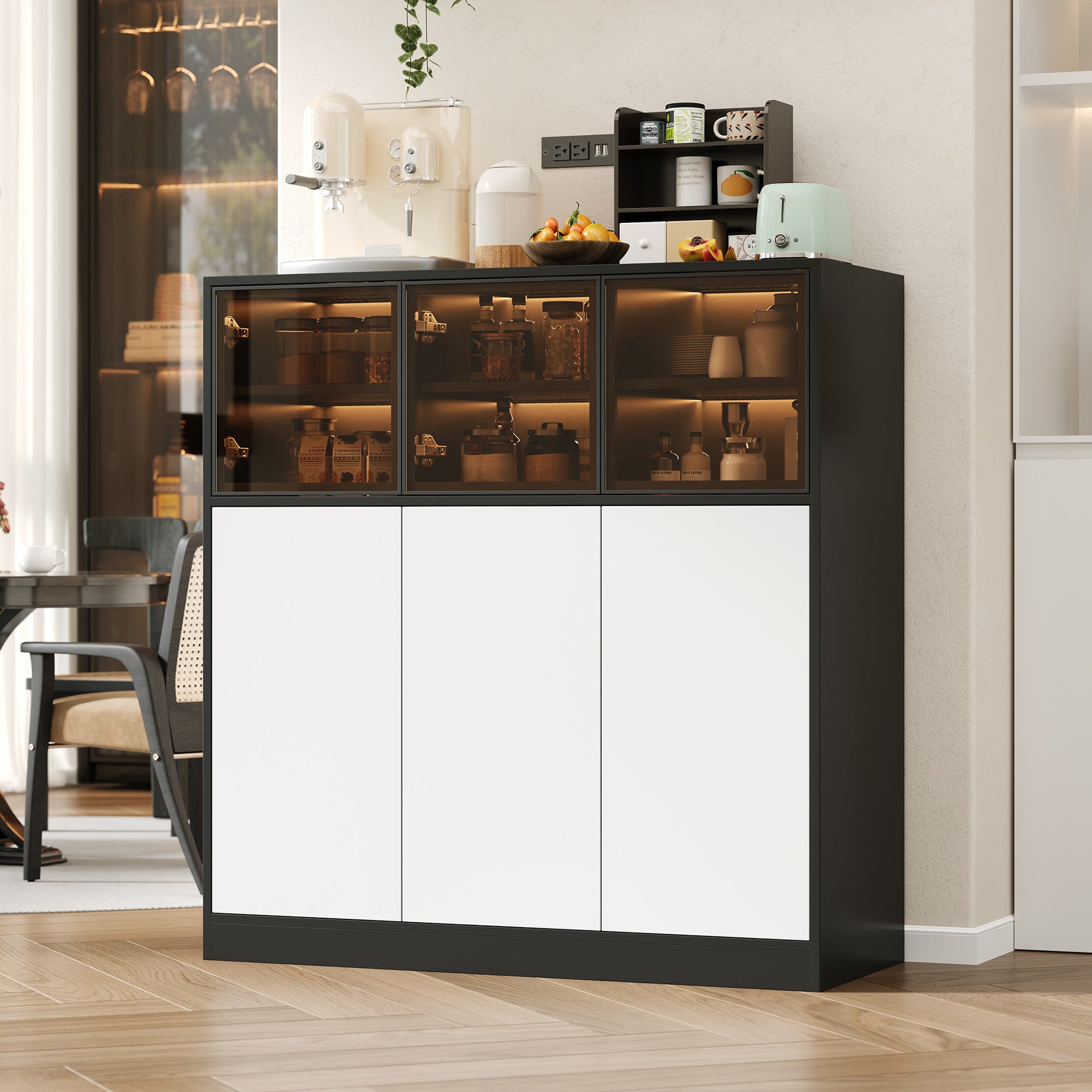 Nowoczesny bufet 100x40x105cm - z 3 szklanymi drzwiami i 3 białymi drzwiami - z LED - płyta wiórowa - Biały + Czarny