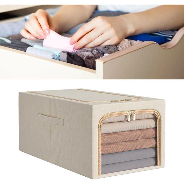 Boîte de Rangement de Placard Empilable en Tissu avec Fenêtre Transparente, Organisateur de Vêtements Pliable 49L (Beige) - 3